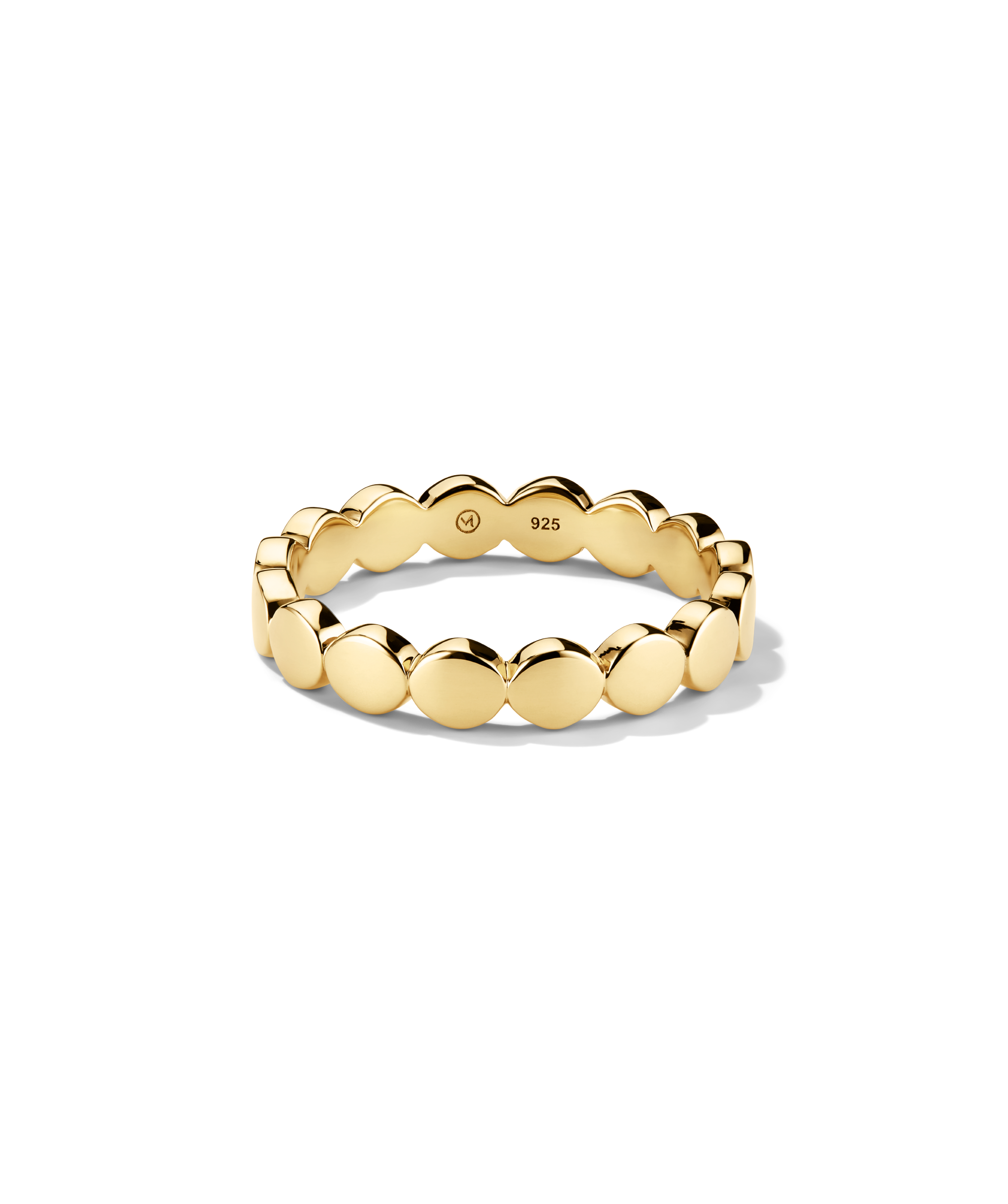 Bold Dot Ring: A slim, stackable ring featuring a row of domed discs in vermeil-style finish, crafted in sterling silver and plated in yellow gold.