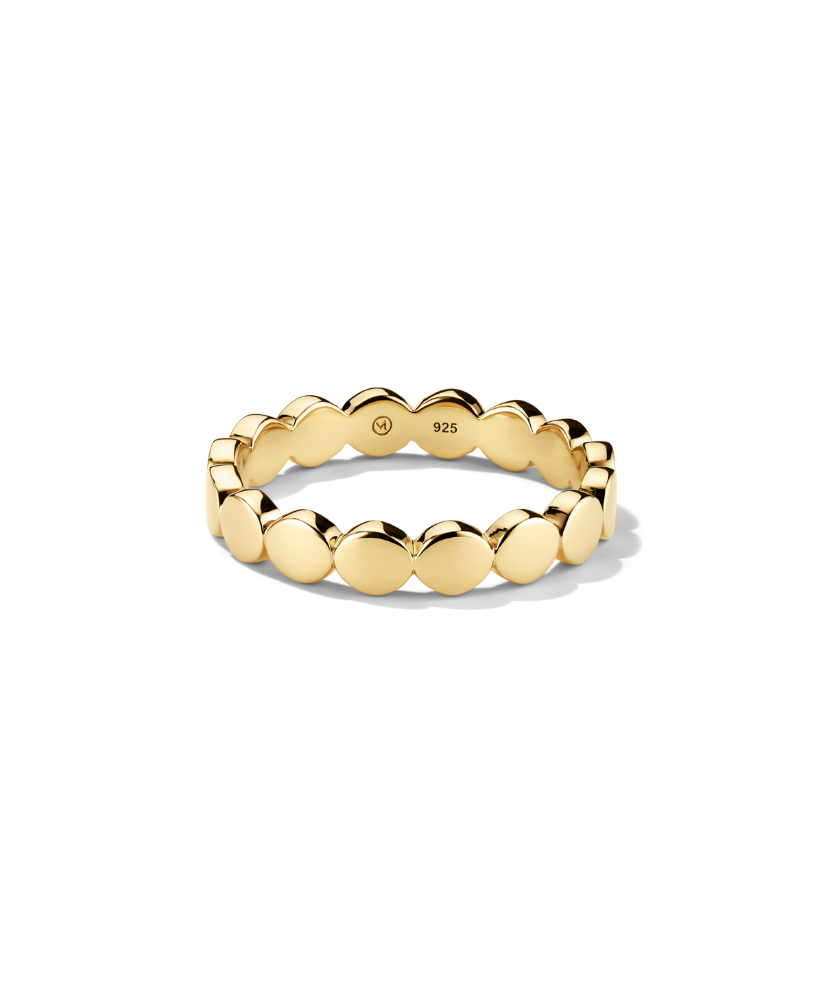 Bold Dot Ring: A slim, stackable ring featuring a row of domed discs in vermeil-style finish, crafted in sterling silver and plated in yellow gold.