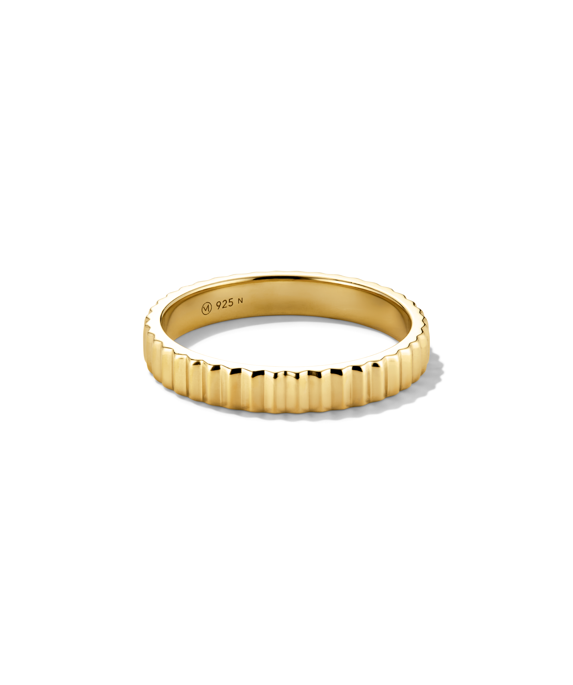 Bold Eternity Line Band: A slim, gold-plated ring with a fluted texture. Stamped â925 N,â indicating sterling silver beneath the gold finish.