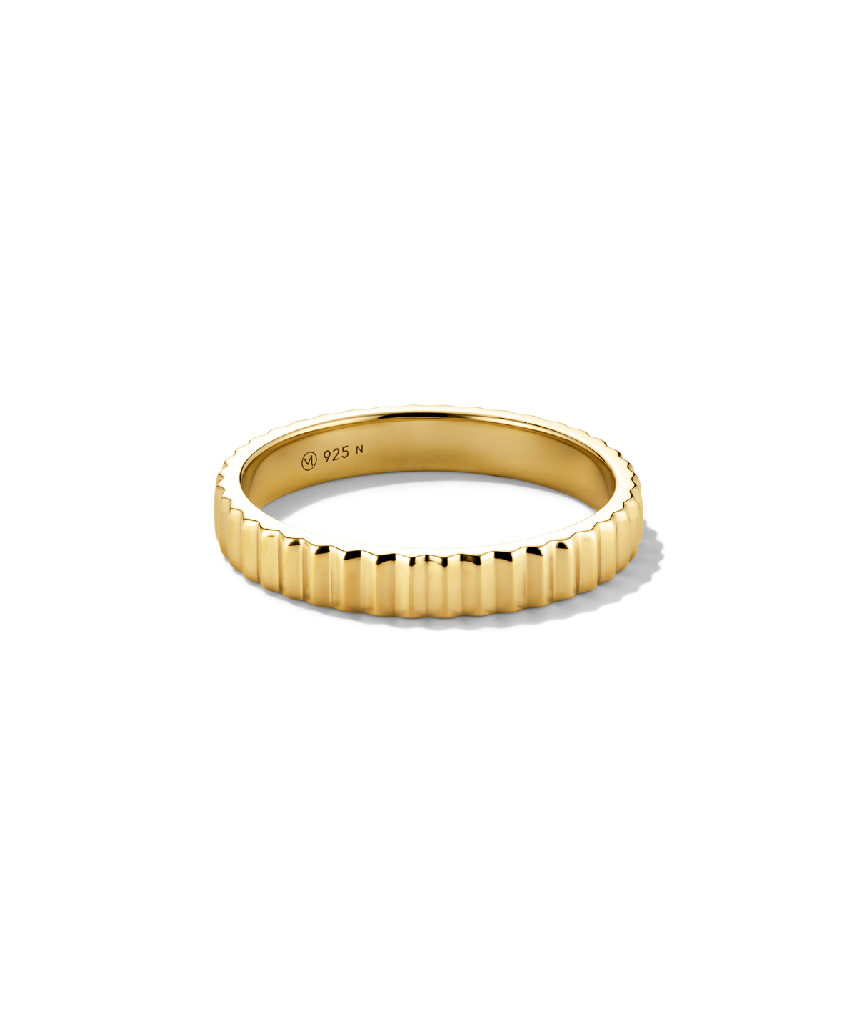 Bold Eternity Line Band: A slim, gold-plated ring with a fluted texture. Stamped â925 N,â indicating sterling silver beneath the gold finish.