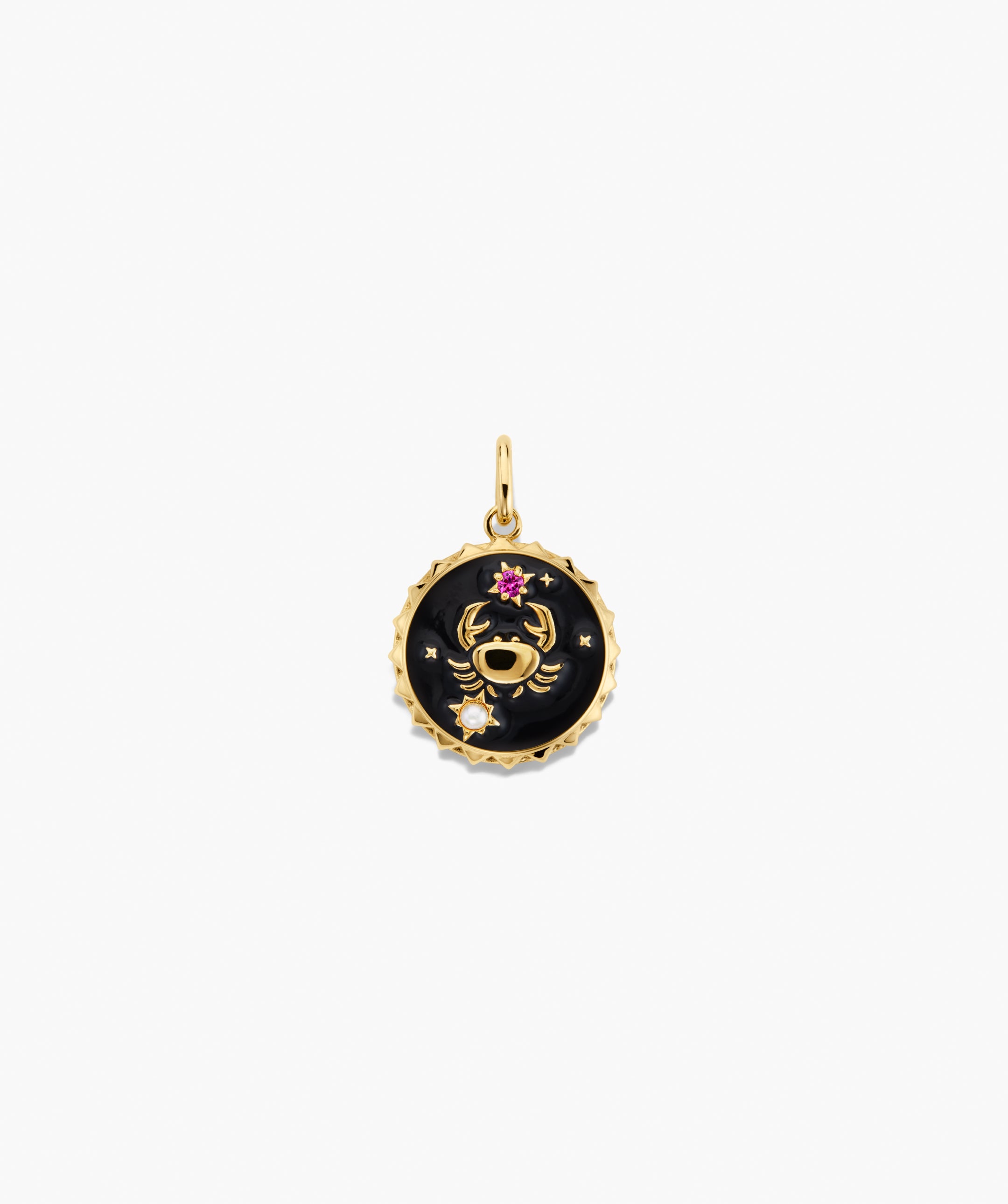 Cosmic Charm: Gold-edged pendant with black enamel, features a gold crab, pink and pearly stones, perfect for necklace or bracelet.