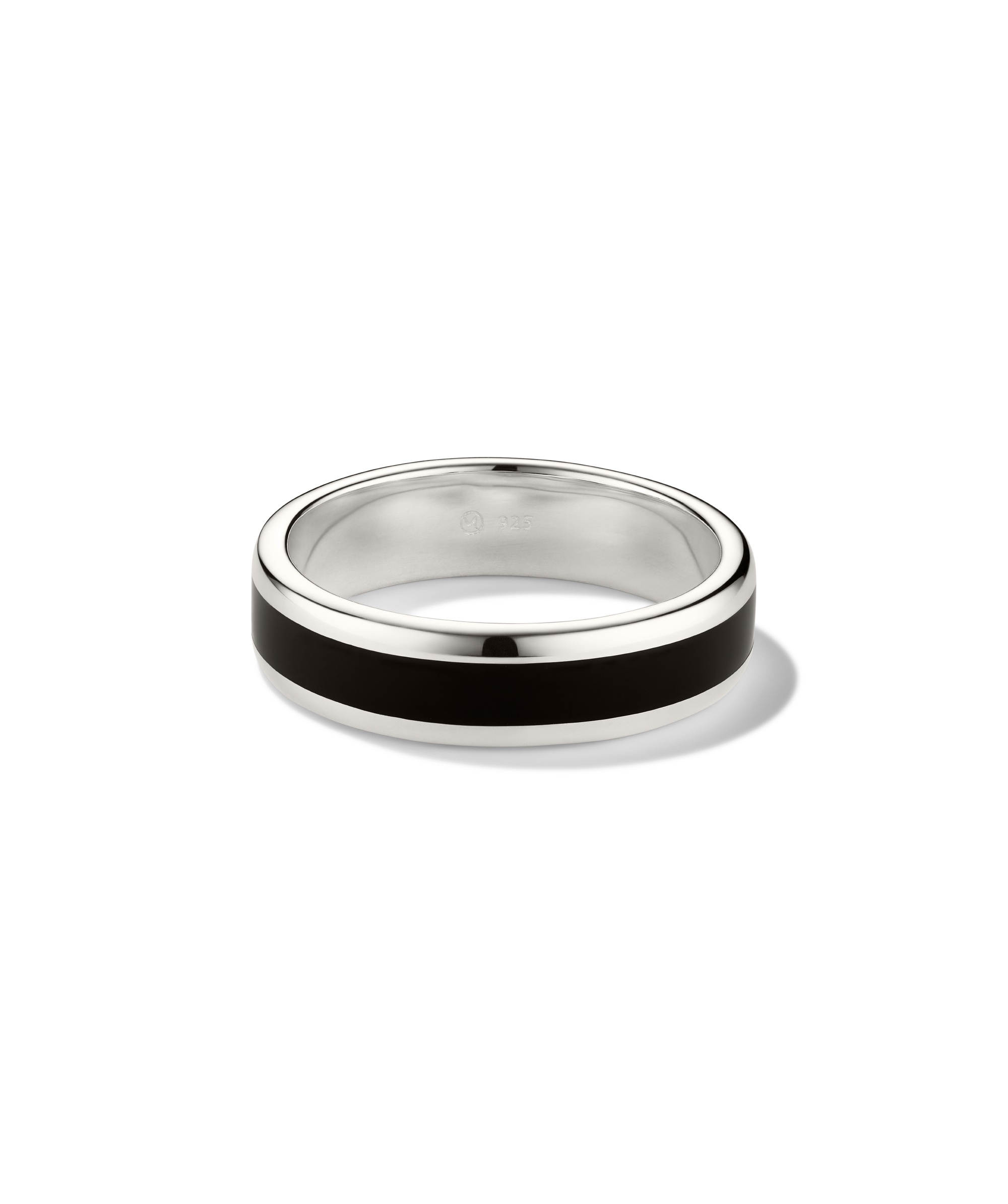 Band Ring Black Enamel Inlay: A sterling silver band marked 925 featuring a sleek black inlay, ideal as a minimalist wedding or fashion ring.