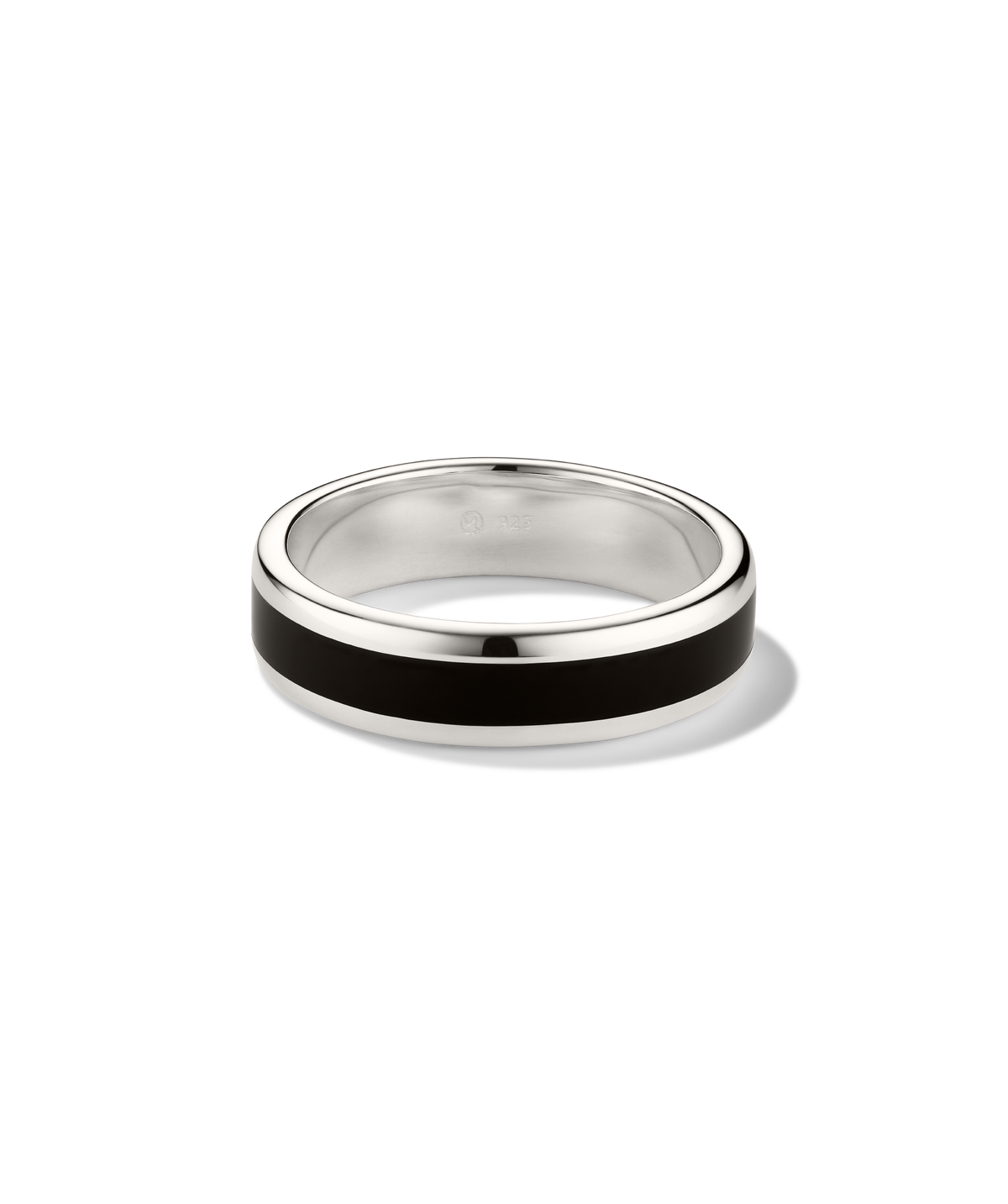 Band Ring Black Enamel Inlay: A sterling silver band marked 925 featuring a sleek black inlay, ideal as a minimalist wedding or fashion ring.