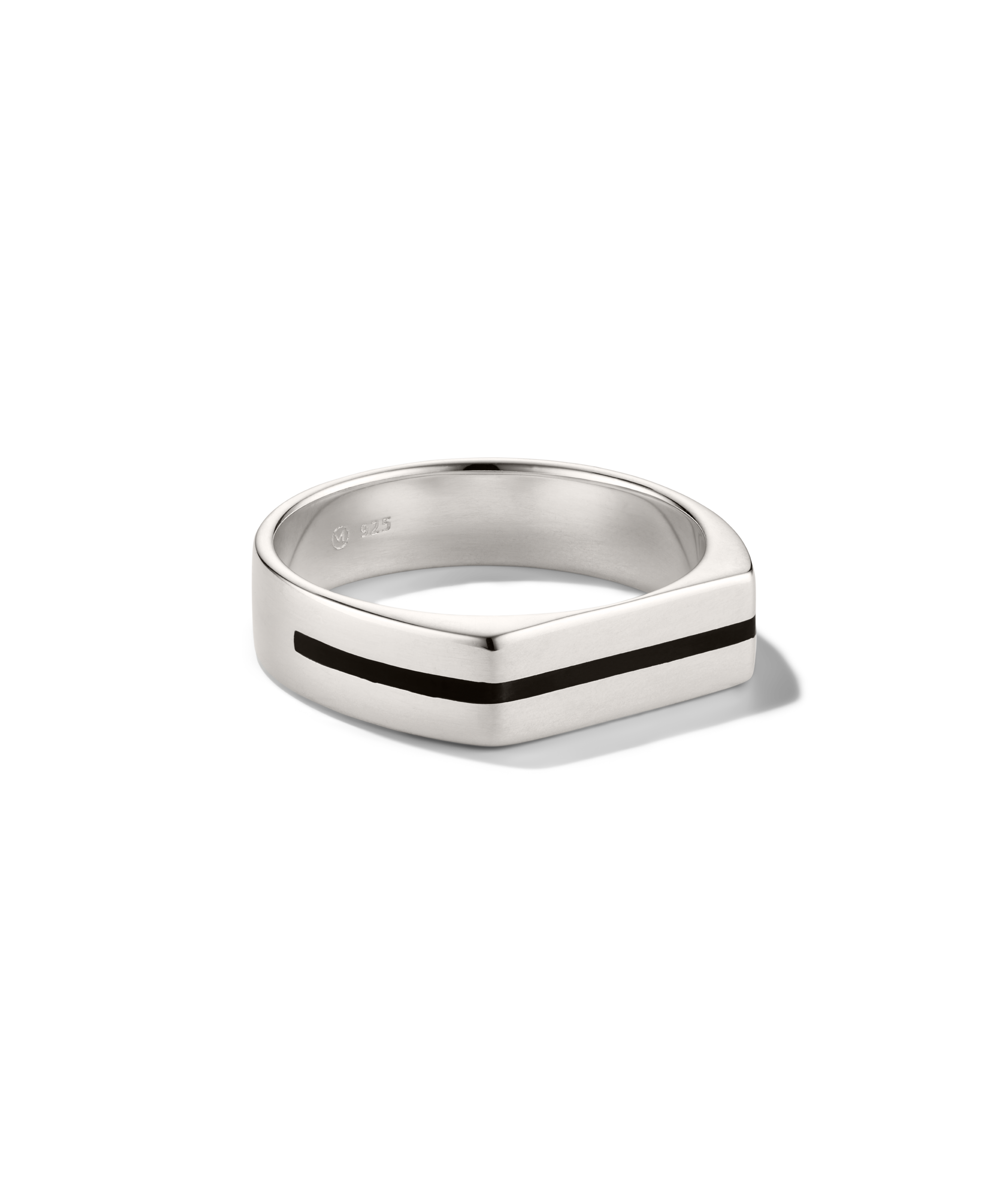 Slim Signet Ring Black Enamel Inlay: Sterling-silver ring with a subtle V shape and a single black inlay groove encircling its exterior.