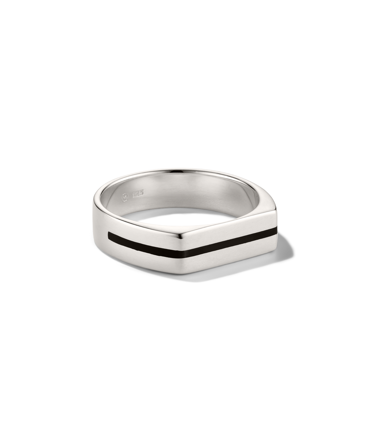 Slim Signet Ring Black Enamel Inlay: Sterling-silver ring with a subtle V shape and a single black inlay groove encircling its exterior.