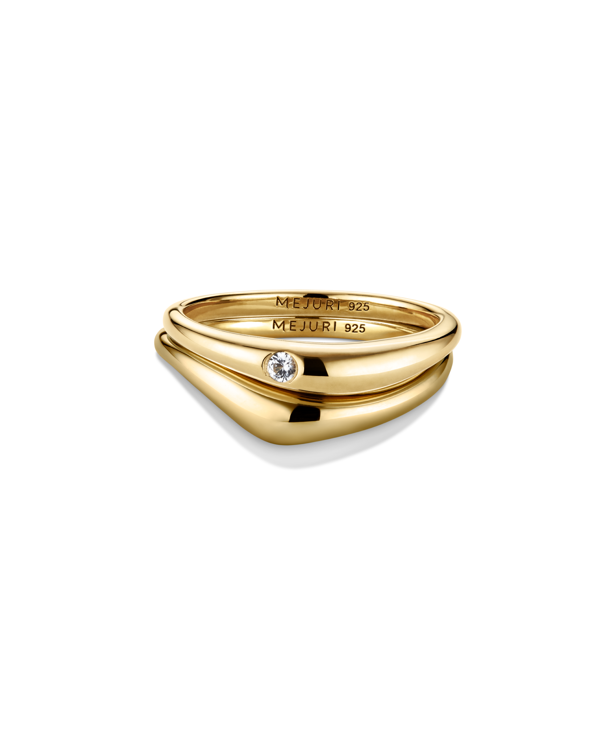 Organic DÃ´me Nesting Ring Set featuring a polished gold band and a slim band with a bezel-set stone, designed to nest together seamlessly.