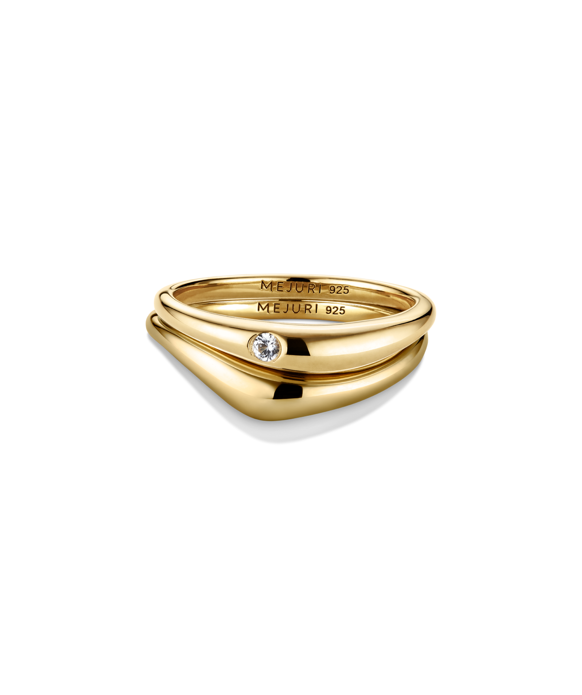 Organic DÃ´me Nesting Ring Set featuring a polished gold band and a slim band with a bezel-set stone, designed to nest together seamlessly.