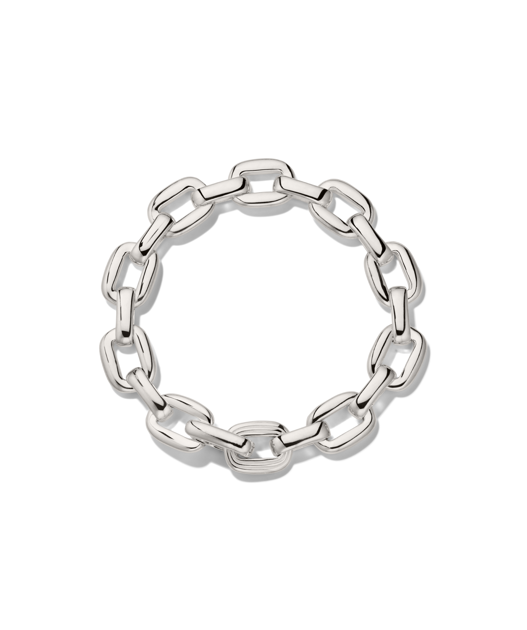Stevie Bracelet: A modern chain bracelet with polished, elongated oval links, featuring a unique textured link for added style. Perfect for everyday wear.