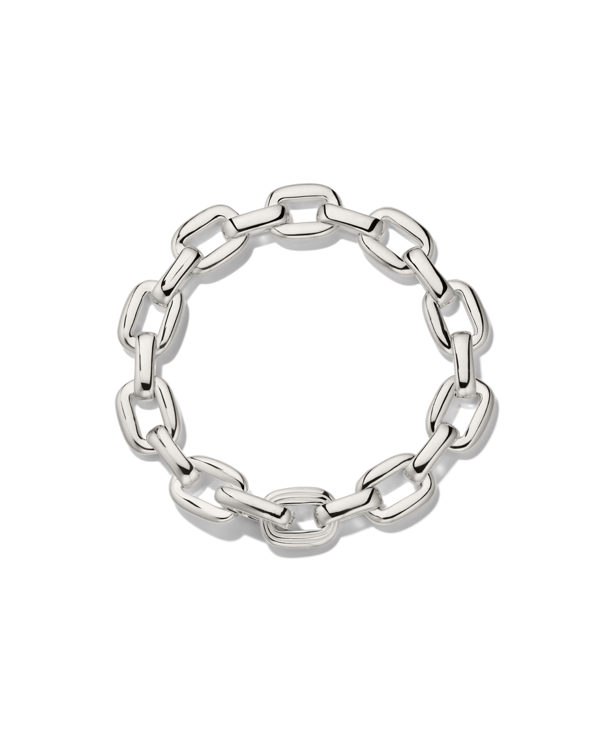 Stevie Bracelet: A modern chain bracelet with polished, elongated oval links, featuring a unique textured link for added style. Perfect for everyday wear.