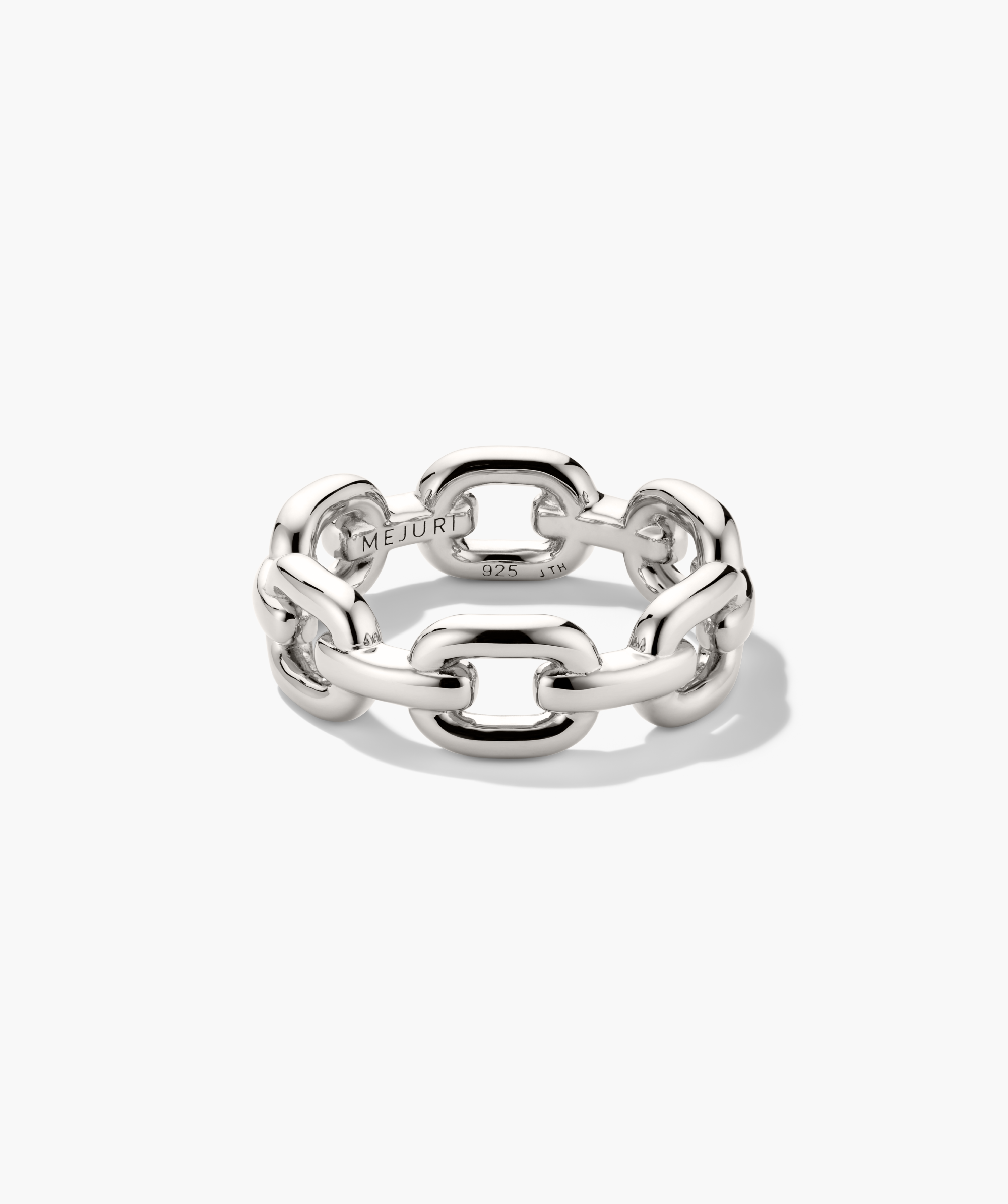 Stevie Ring: A sterling-silver chain-link band with visible MEJURI and 925 hallmarks, ideal for stacking or wearing solo.