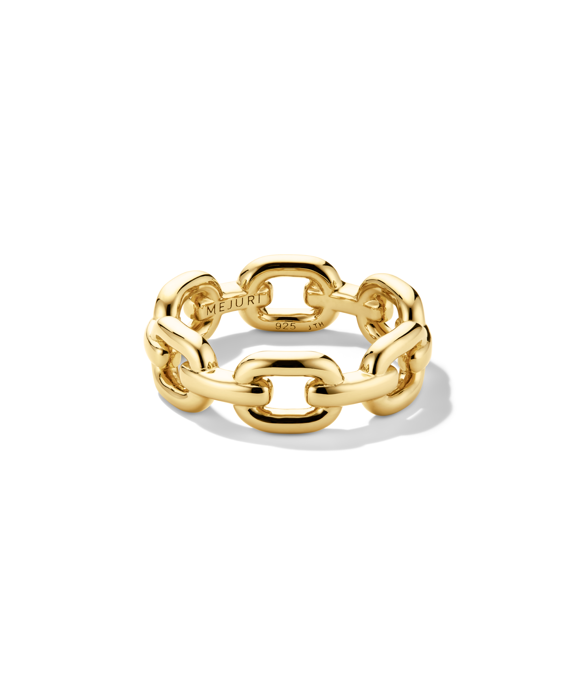 Stevie Ring: A chunky chain-link design in gold, featuring interlocking oval links with MEJURI and 925 stamps, ideal for stacking or wearing solo.