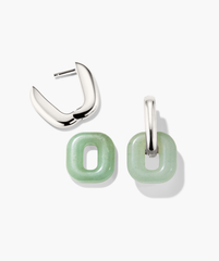 Stevie Hoops earrings with chunky silver-tone huggie hoops and mint-green rectangular pendants, designed for interchangeable and reversible styling.