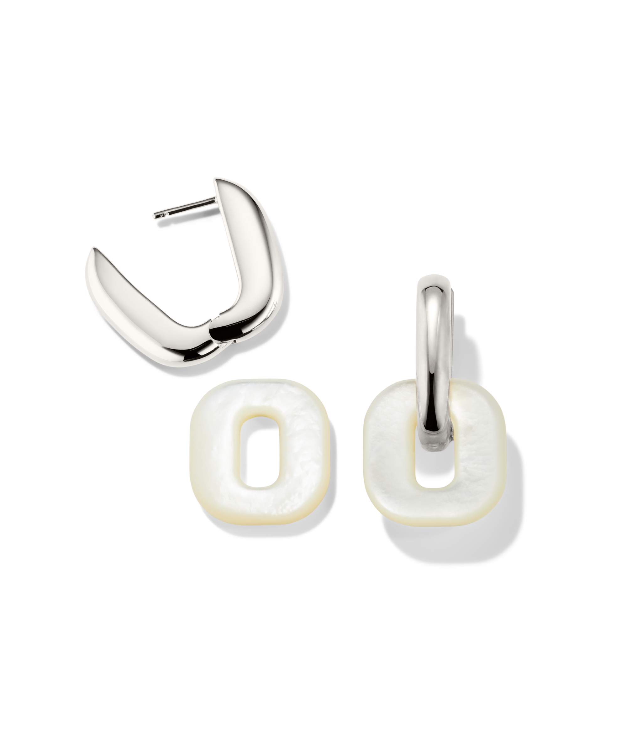 Stevie Hoop Links: Modular earring set with polished sterling-silver hoops and iridescent mother-of-pearl square-donut charms, showcasing customizable style options.