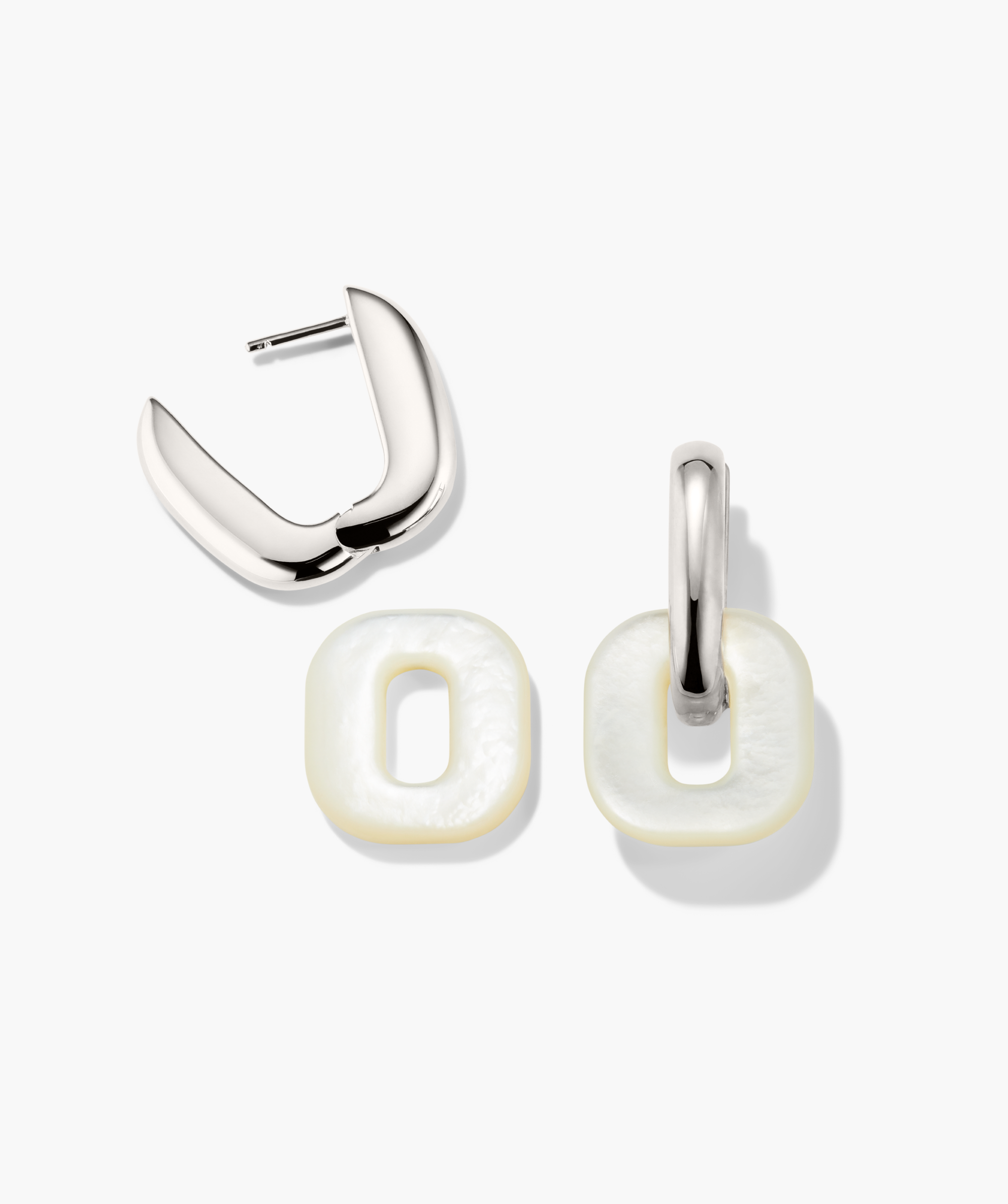Stevie Hoops earrings featuring a polished silver half-hoop with a removable, square-shaped mother-of-pearl link, shown assembled and in components.