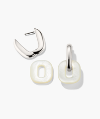Stevie Hoops earrings featuring a polished silver half-hoop with a removable, square-shaped mother-of-pearl link, shown assembled and in components.