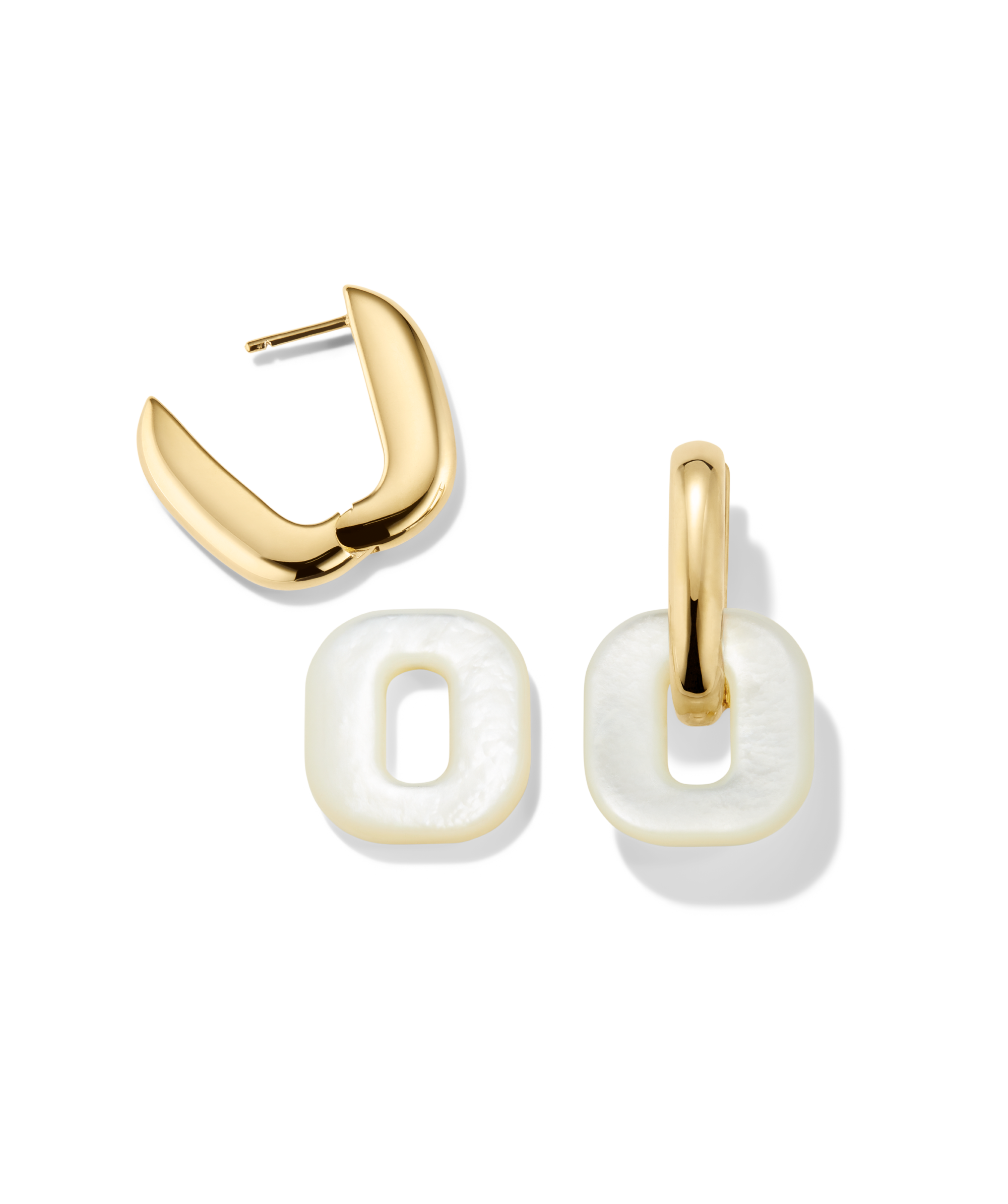Stevie Hoop Links: Modern earrings featuring polished gold-plated studs and detachable white square pendants, shown both assembled and disassembled against a dark background.
