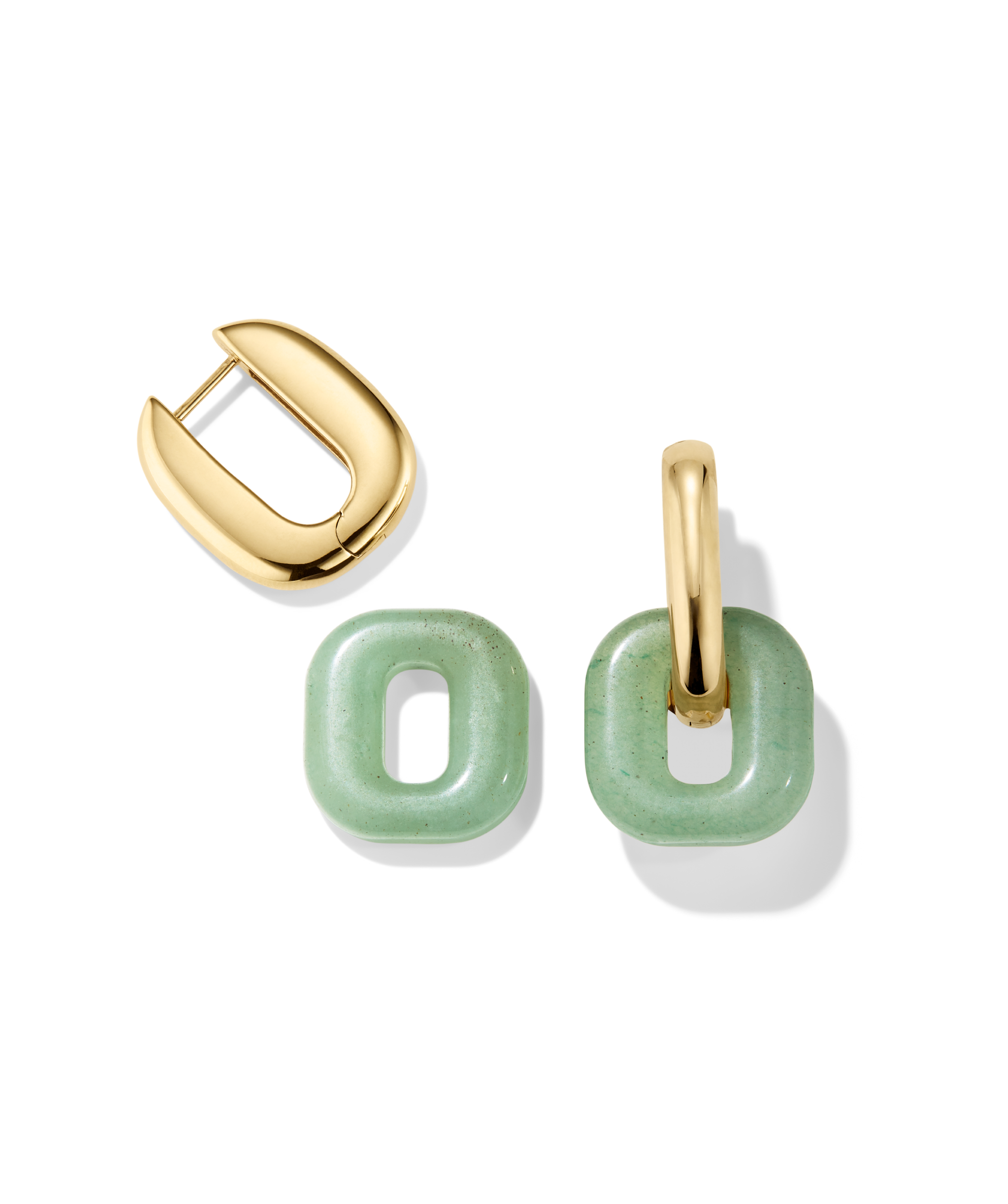 Stevie Hoop Links showcasing gold-tone hoops with detachable pale green stone charms, offering customizable style options by attaching or detaching from the hoops.