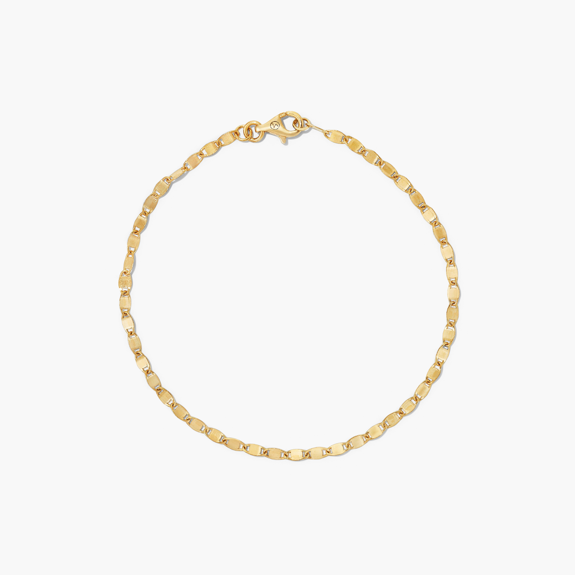 Anchor Chain Bracelet: A simple gold link chain with a lobster-claw clasp, handcrafted in 14k solid gold, resembling a ship's anchor chain.