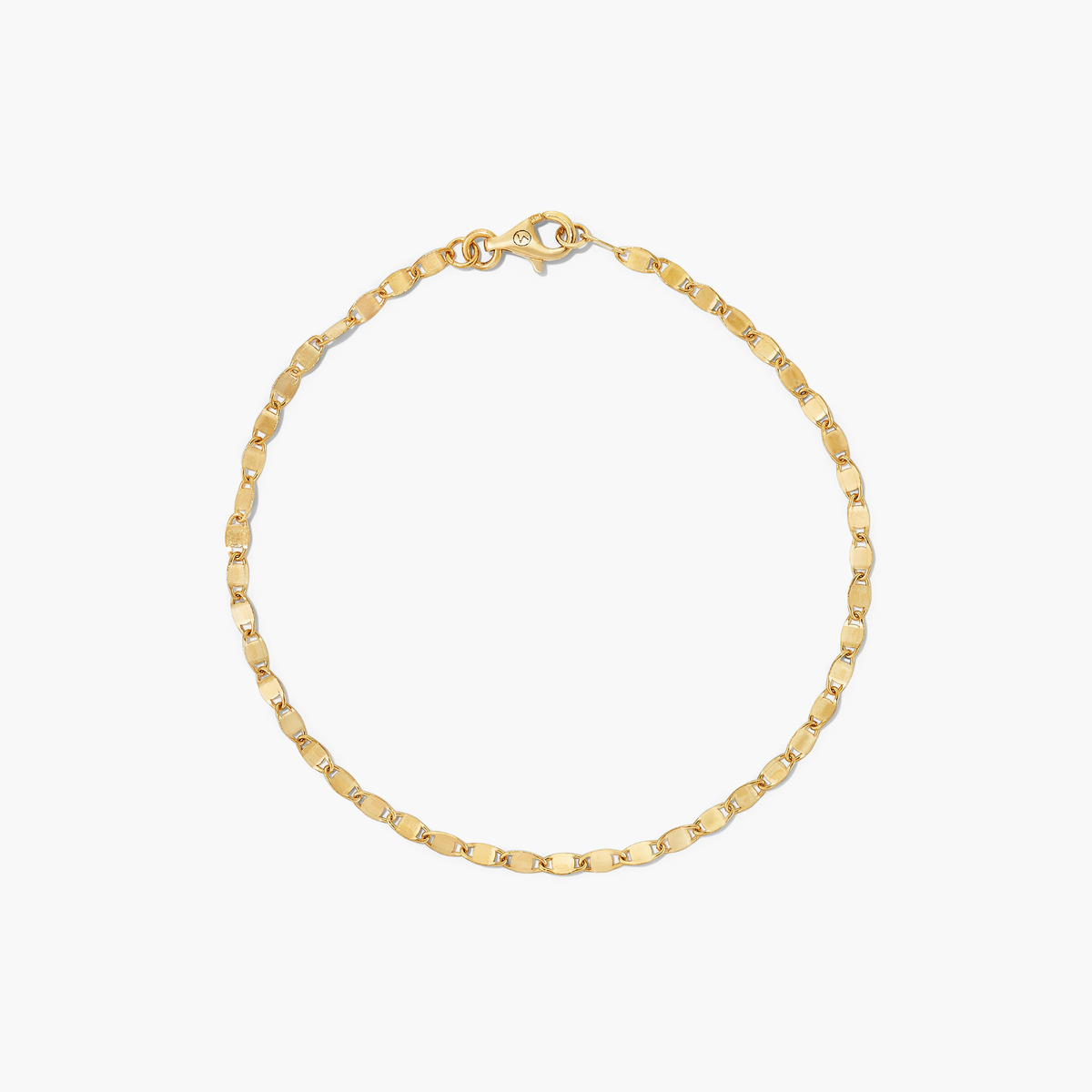 Anchor Chain Bracelet: A simple gold link chain with a lobster-claw clasp, handcrafted in 14k solid gold, resembling a ship's anchor chain.
