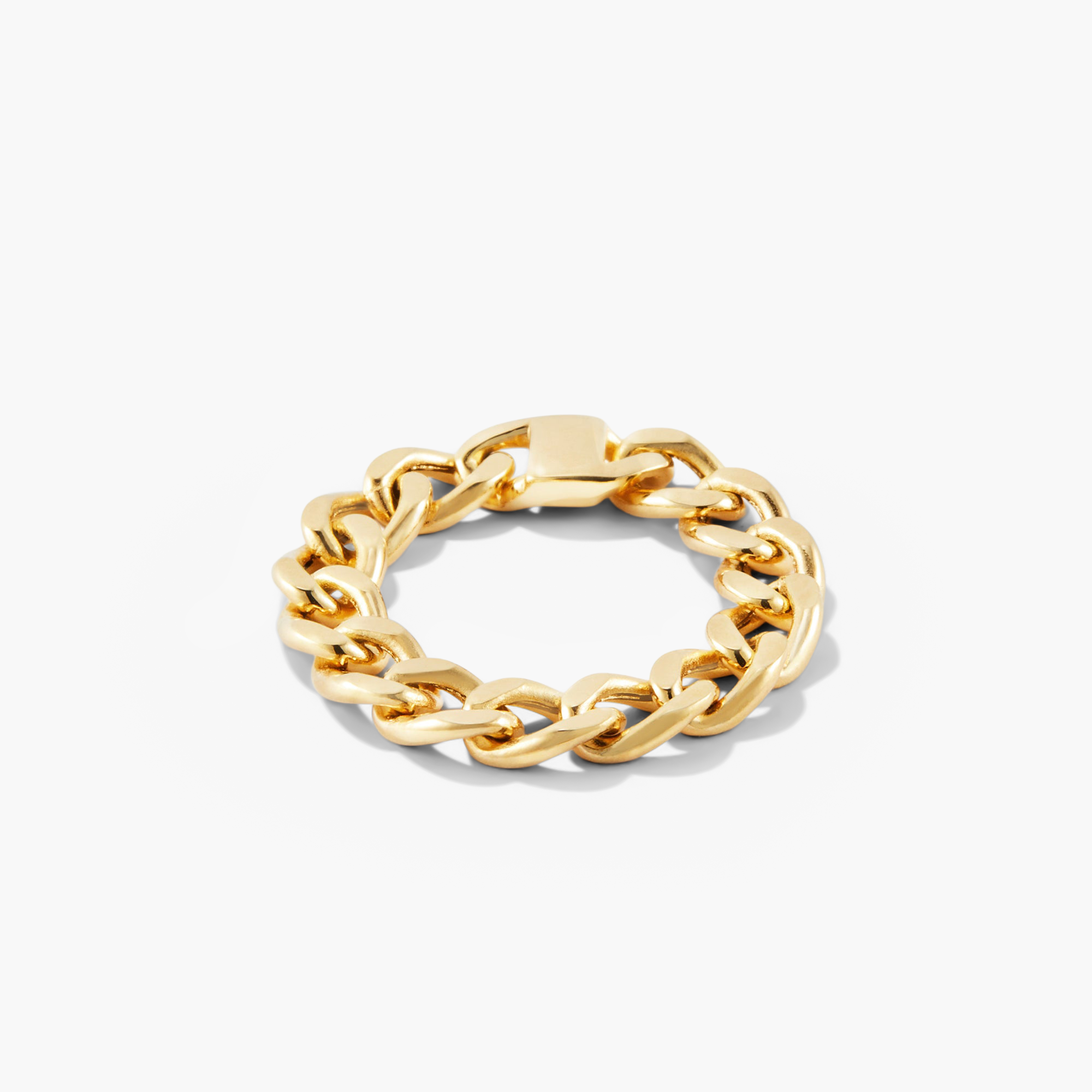 Bold Chain Ring showcasing a handcrafted 14k solid gold chain design, inspired by classic necklaces and bracelets, with a lock detail.