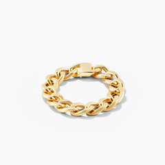 Bold Chain Ring showcasing a handcrafted 14k solid gold chain design, inspired by classic necklaces and bracelets, with a lock detail.