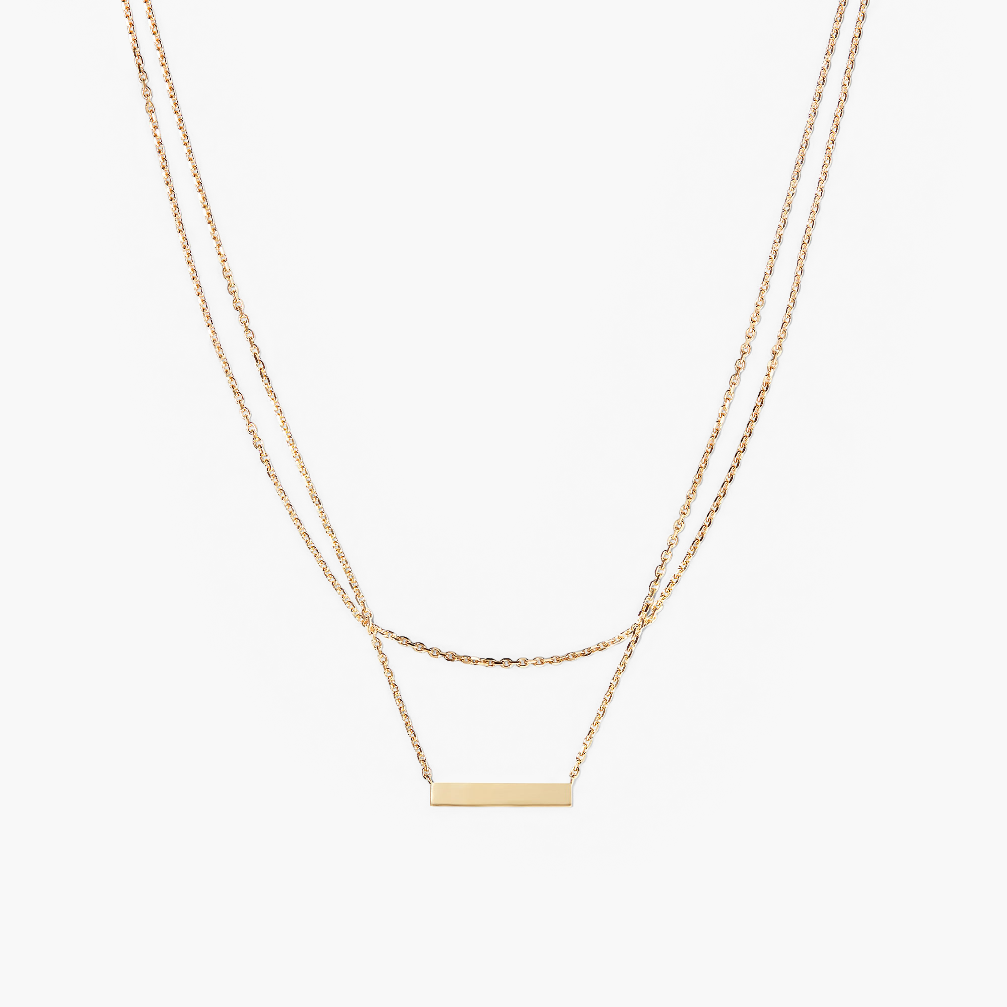 Layered Bar Necklace featuring a sleek gold rectangular pendant on a delicate chain, designed for everyday wear and versatile style.