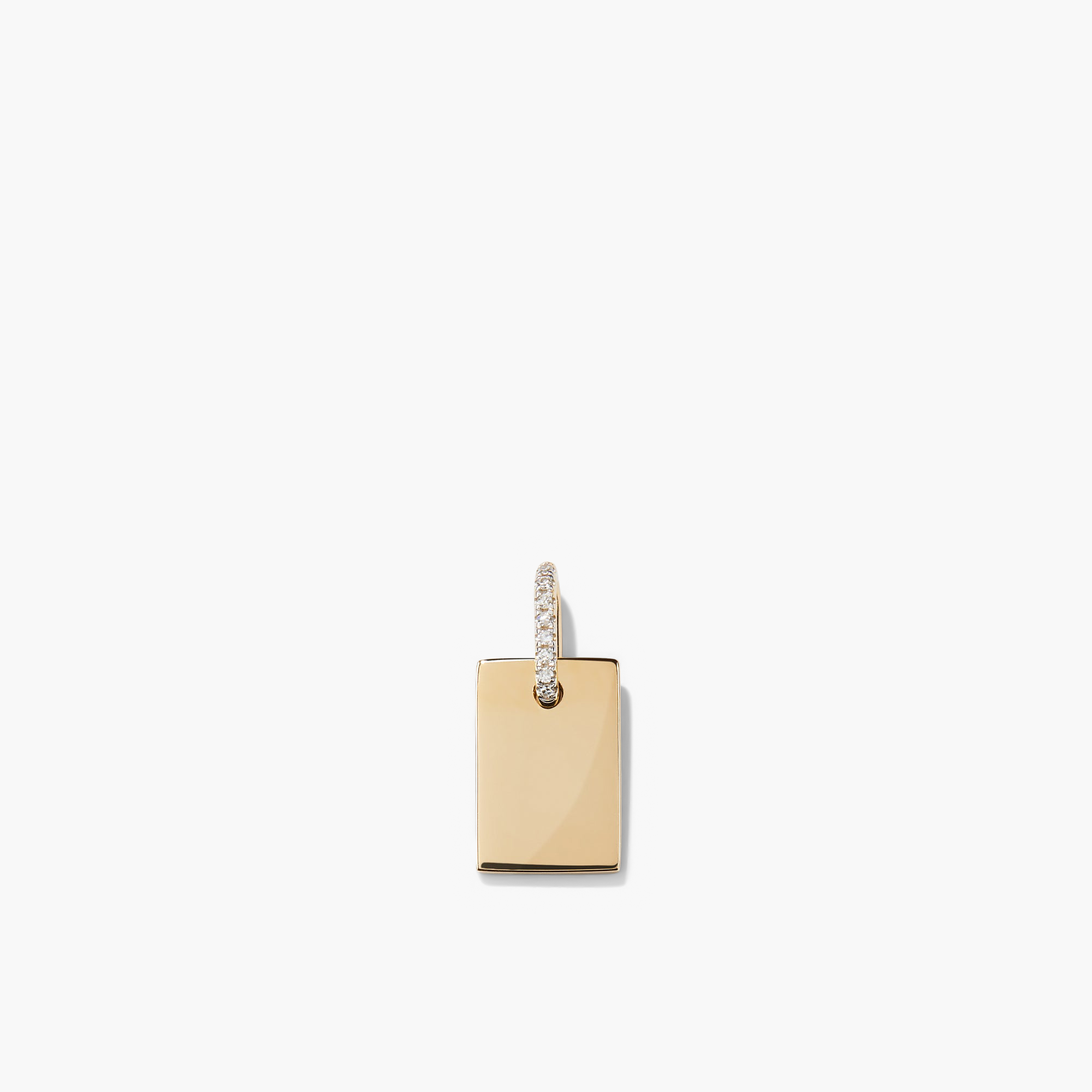 Pave Diamond Bail Tag Charm Pendant, a rectangular gold pendant with a pavÃ© diamond-set bail, ideal for engraving and versatile for wearing solo or stacked.