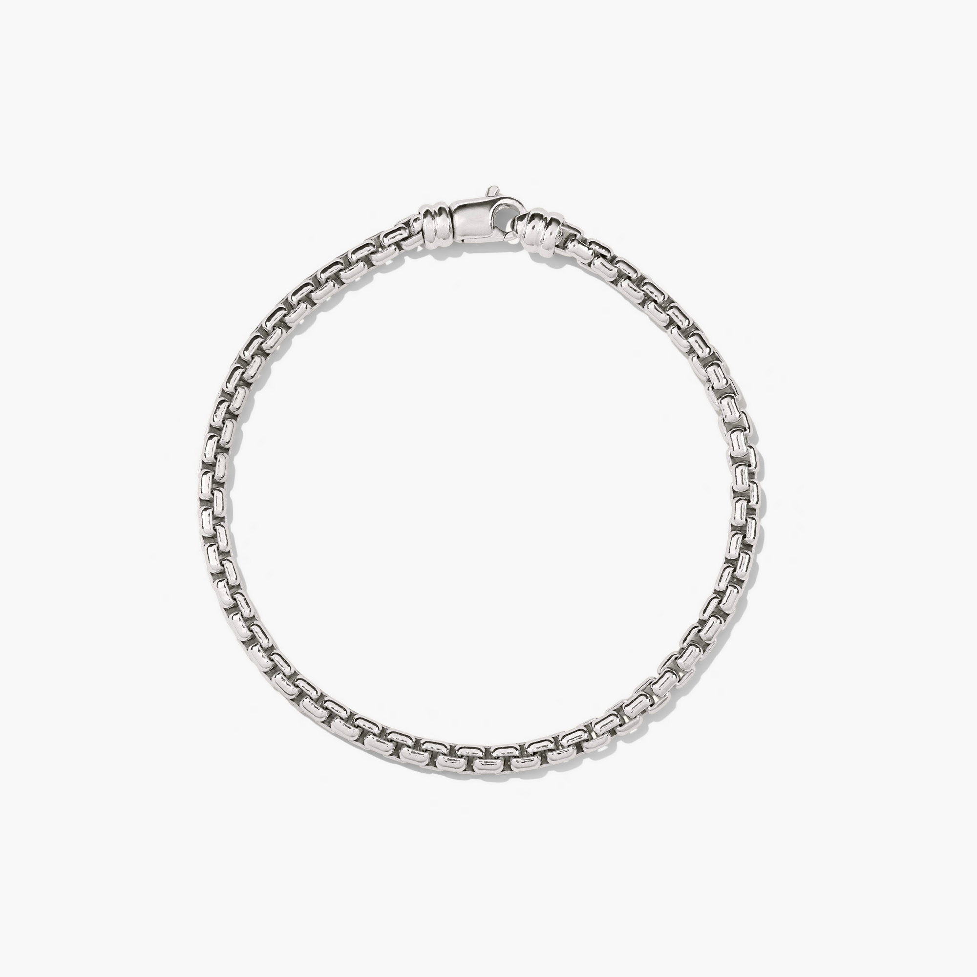 Silver Round Box Chain Bracelet with a secure clasp, designed for everyday wear, complementing the Round Box Chain Necklace.