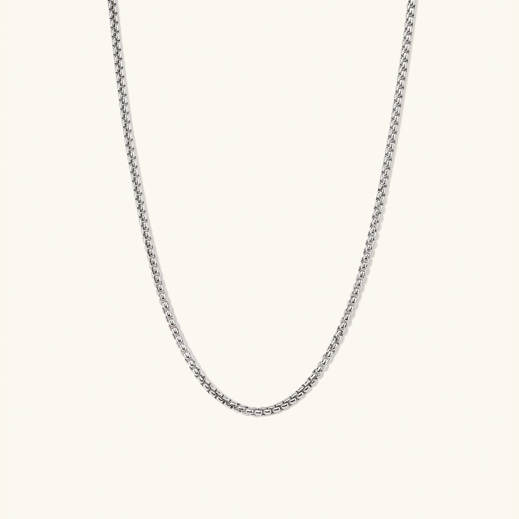 Round Box Chain Necklace featuring a simple silver chain, perfect for everyday wear and pairing with the Round Box Chain Bracelet.