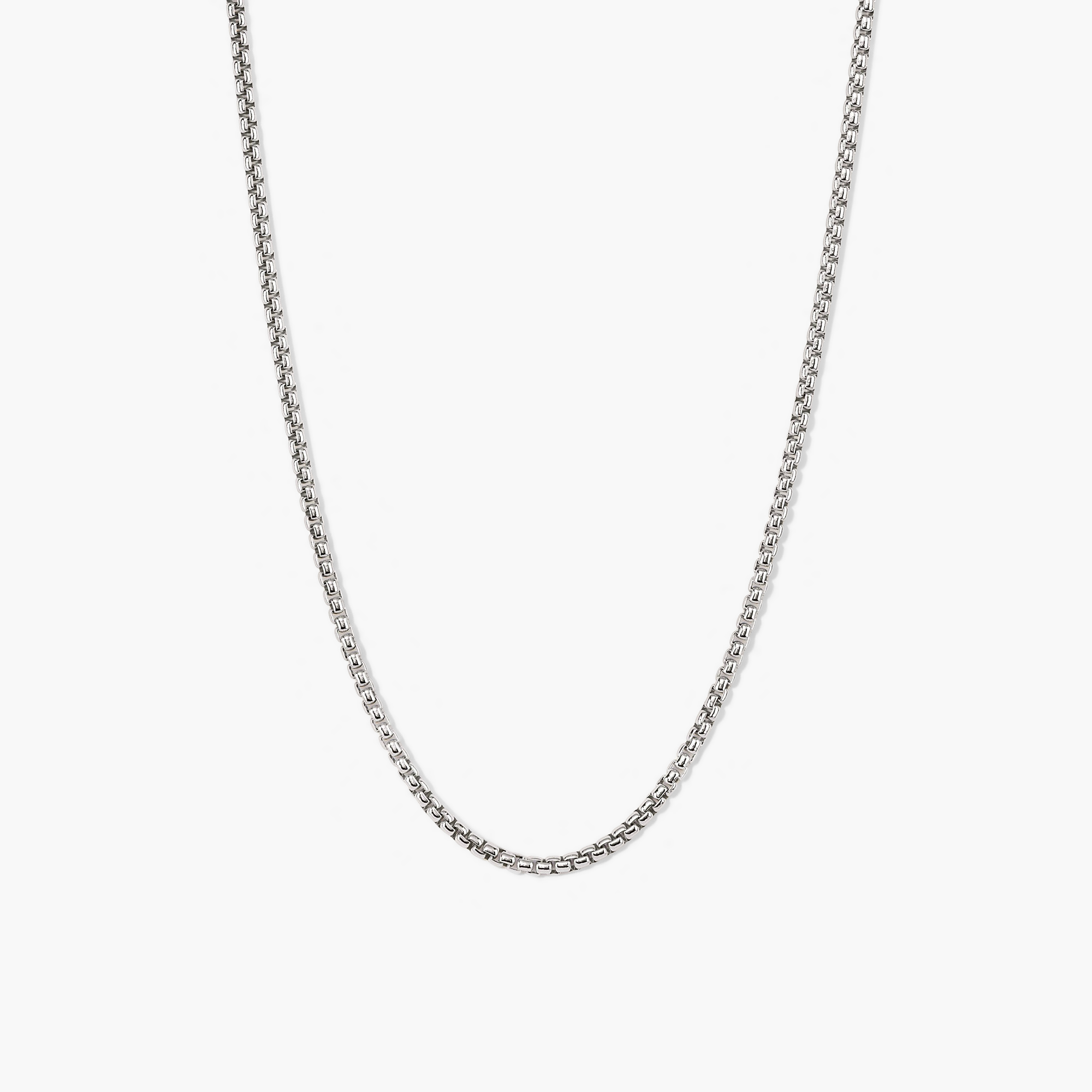 Round Box Chain Necklace featuring a simple silver chain, perfect for everyday wear and pairing with the Round Box Chain Bracelet.