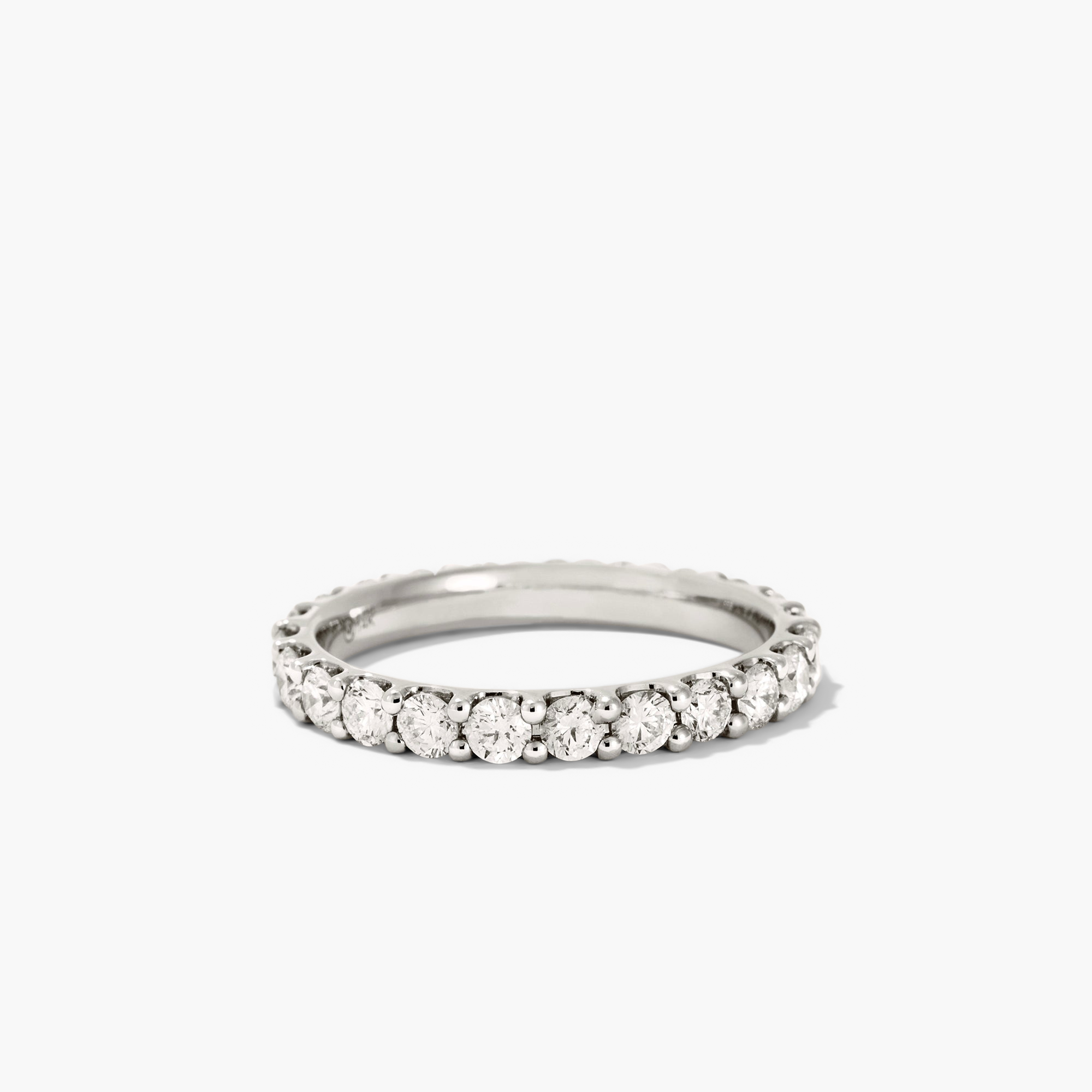 Bold Diamond Eternity Ring: Close-up of a silver ring adorned with round brilliant cut diamonds, each set in open prongs to enhance sparkle.