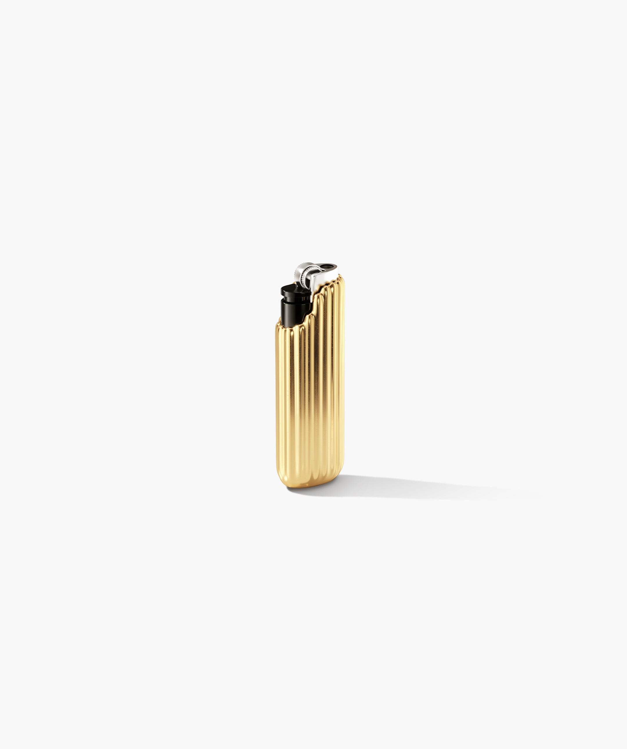 Charlotte Lighter Case with a metallic-gold, vertically ridged body and sleek black-silver top, featuring a flint-wheel for ignition and gas-release valve.