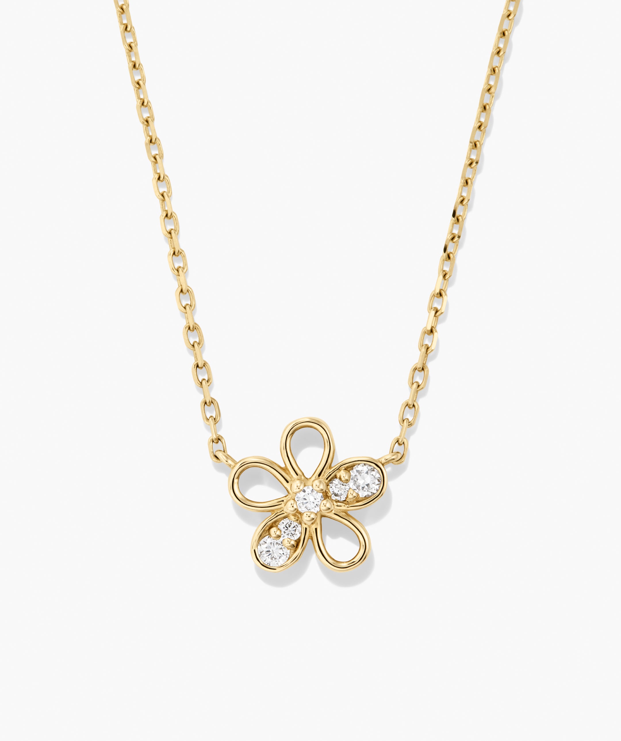 Fleurette Necklace: A 14k gold chain with an openwork flower pendant, featuring five polished petals and lab-grown diamond accents for a modern, elegant look.