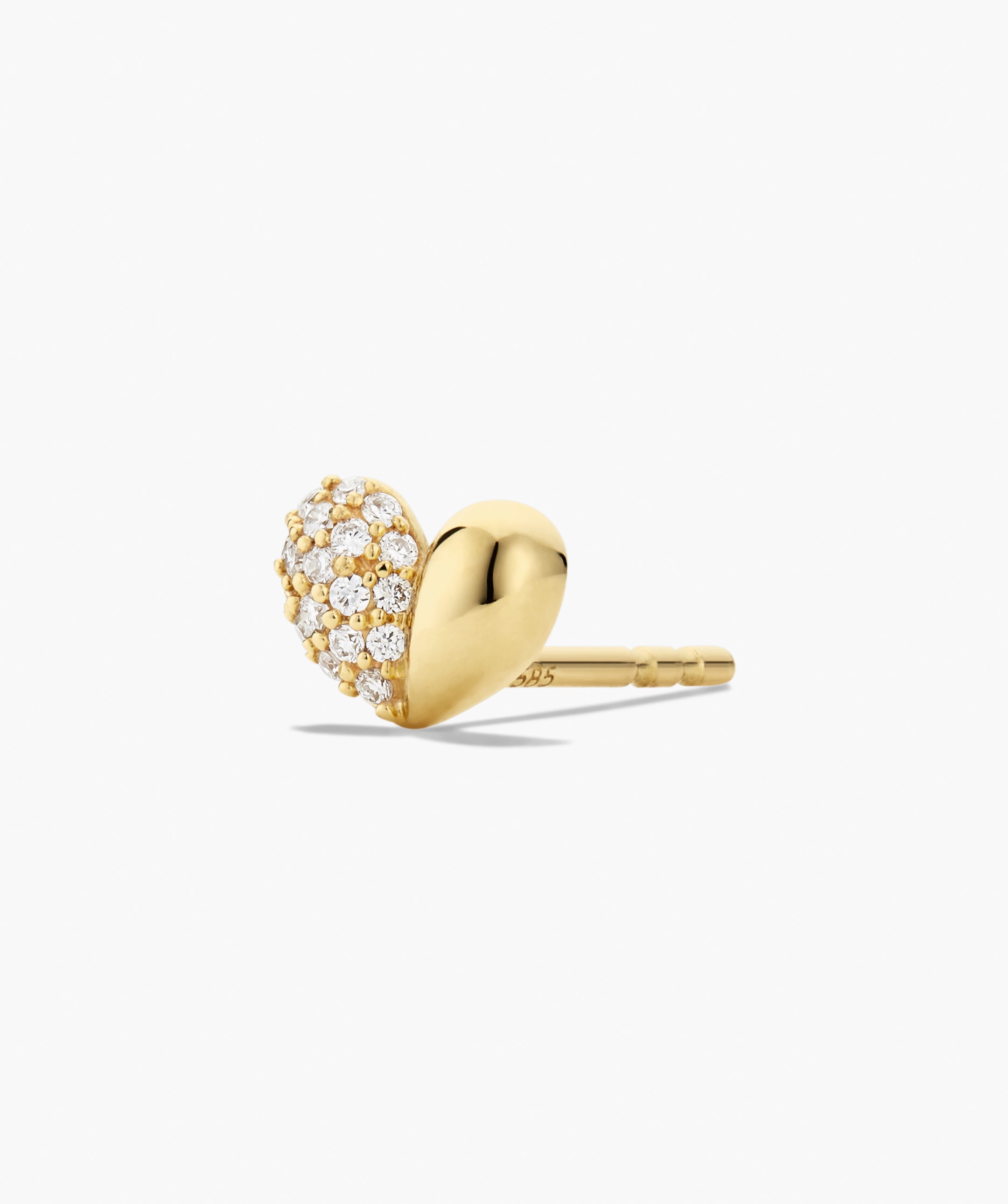 Better Half Heart Studs: A gold heart stud earring, half polished, half pavÃ©-set with tiny white stones, featuring a post back for secure wear.