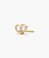 Two of Hearts Studs: Gold heart-shaped stud earring with two clear pear-cut gemstones, featuring a unique half bezel and half prong setting.