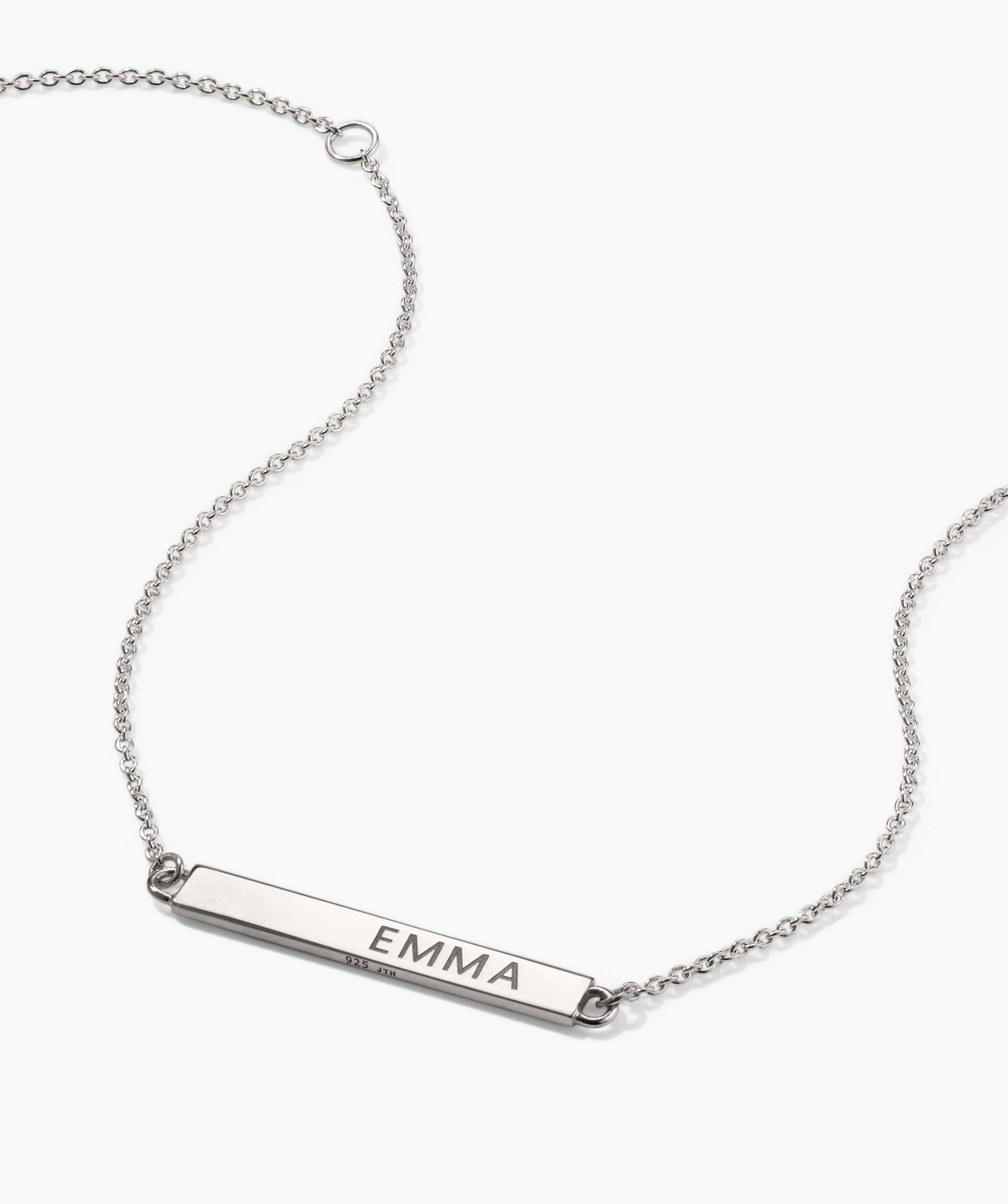 Engravable Bar Bracelet featuring a silver bar necklace design, showcasing a name engraving option, perfect for personalized messages.