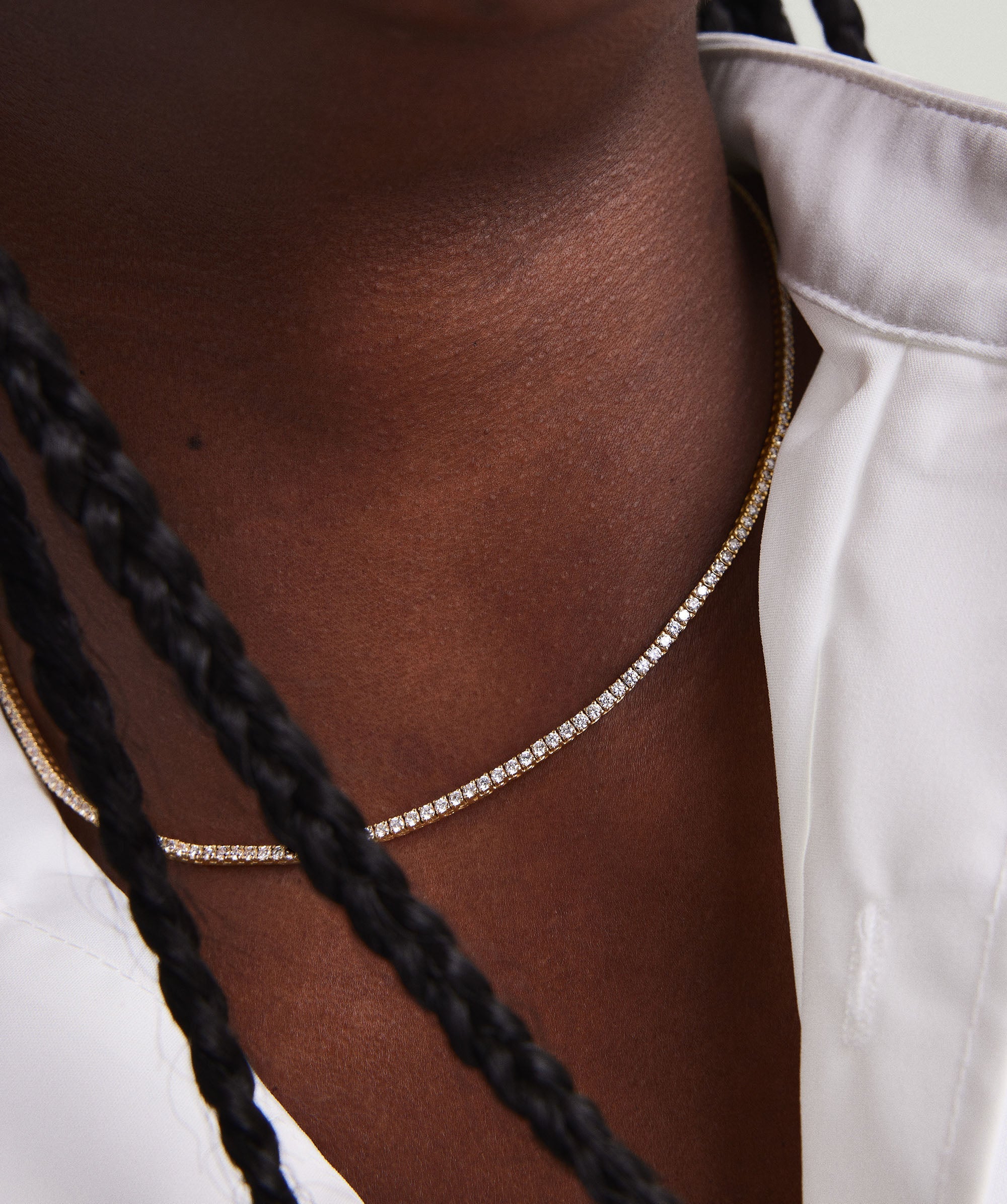 Lab Grown Diamond Tennis Necklace 1.8mm, close-up of the 14k solid gold chain adorned with lab-grown diamonds, showcasing its intricate design and sparkling quality.