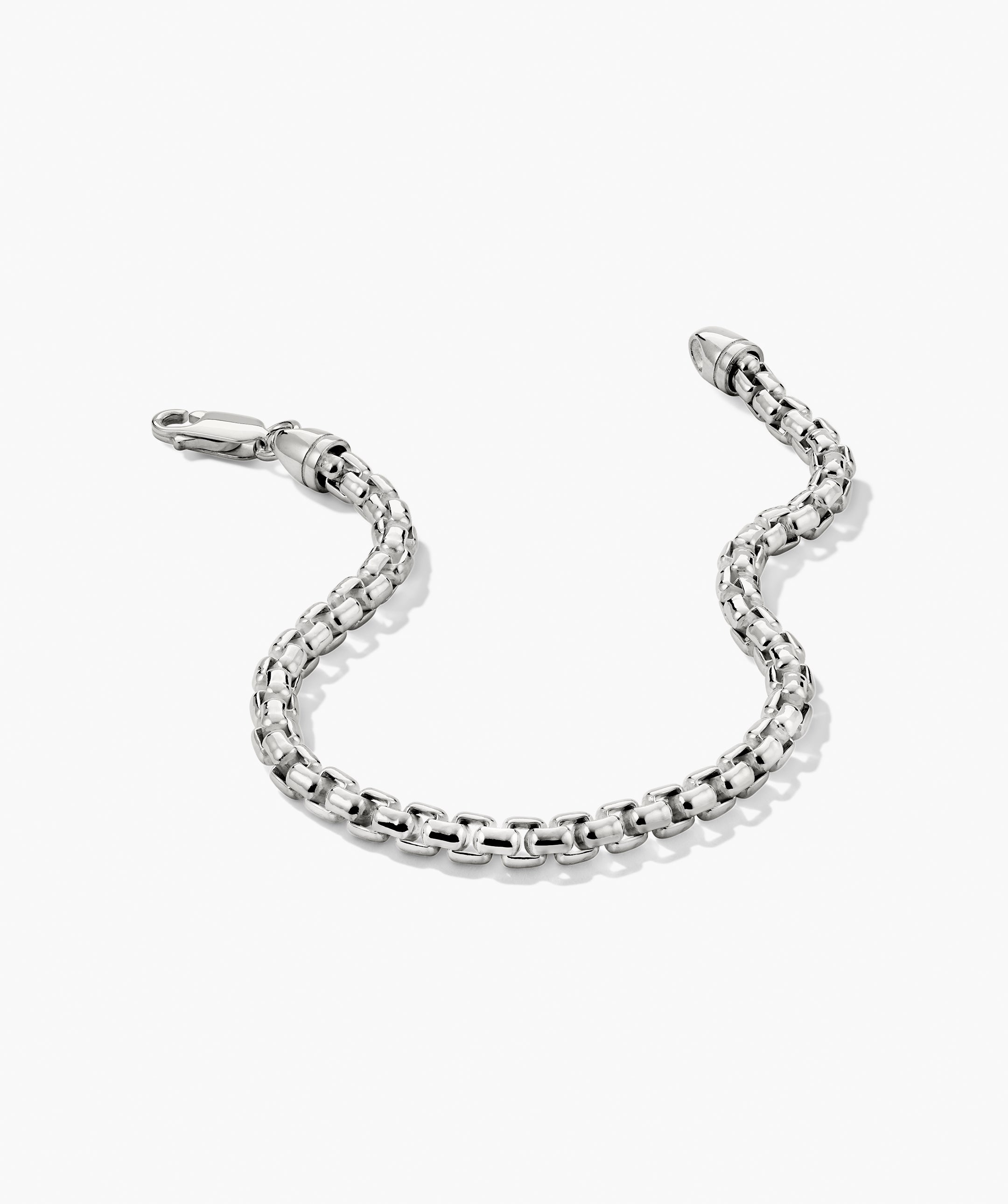 4mm Round Box Chain Bracelet in polished sterling silver, featuring a box-style link and a lobster-claw clasp, offering a balanced, everyday elegance.
