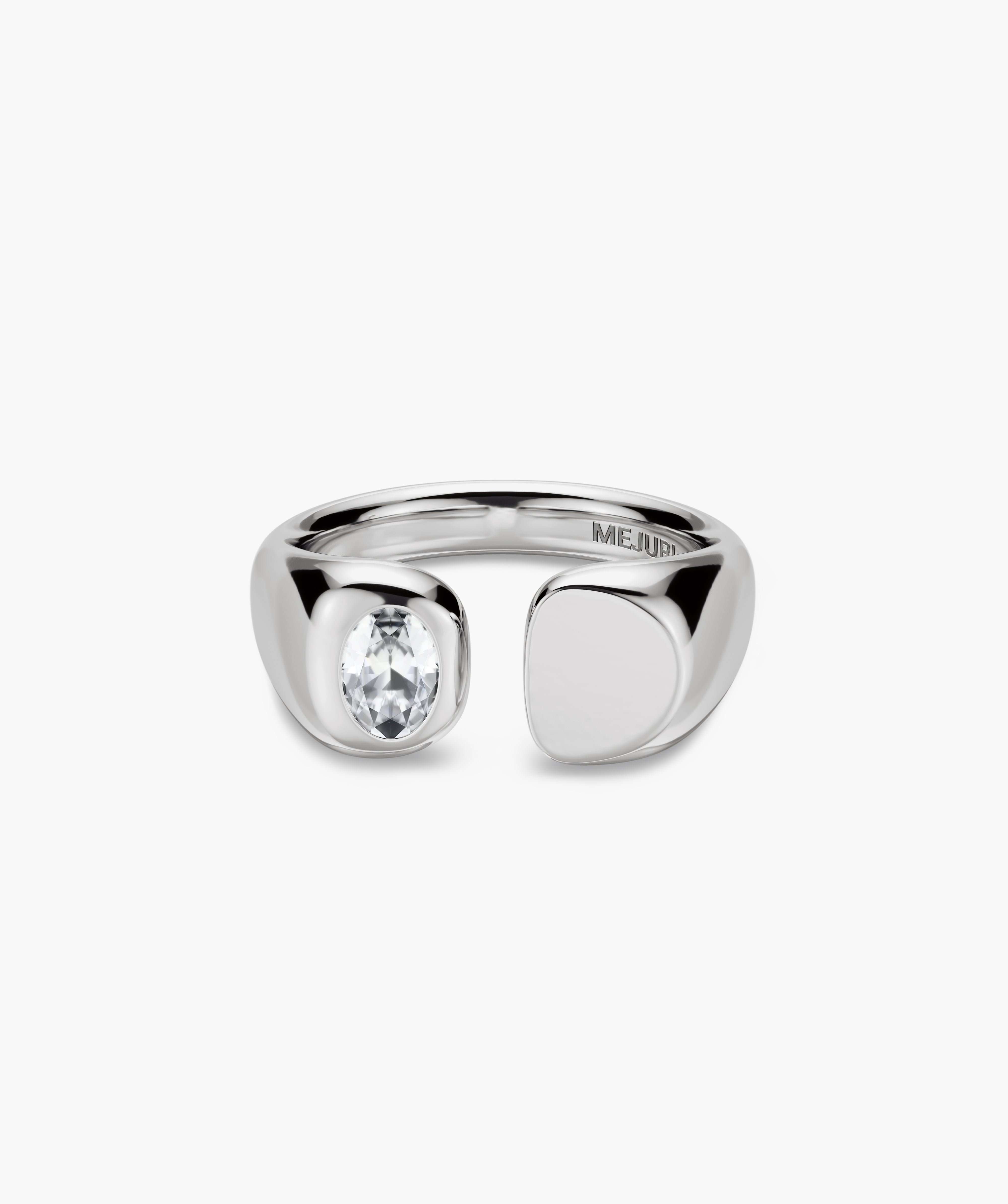 Noa Open Signet Pinky Ring features a minimalist open band with a polished signet pad and a bezel-set oval gemstone in bright silver-toned metal.