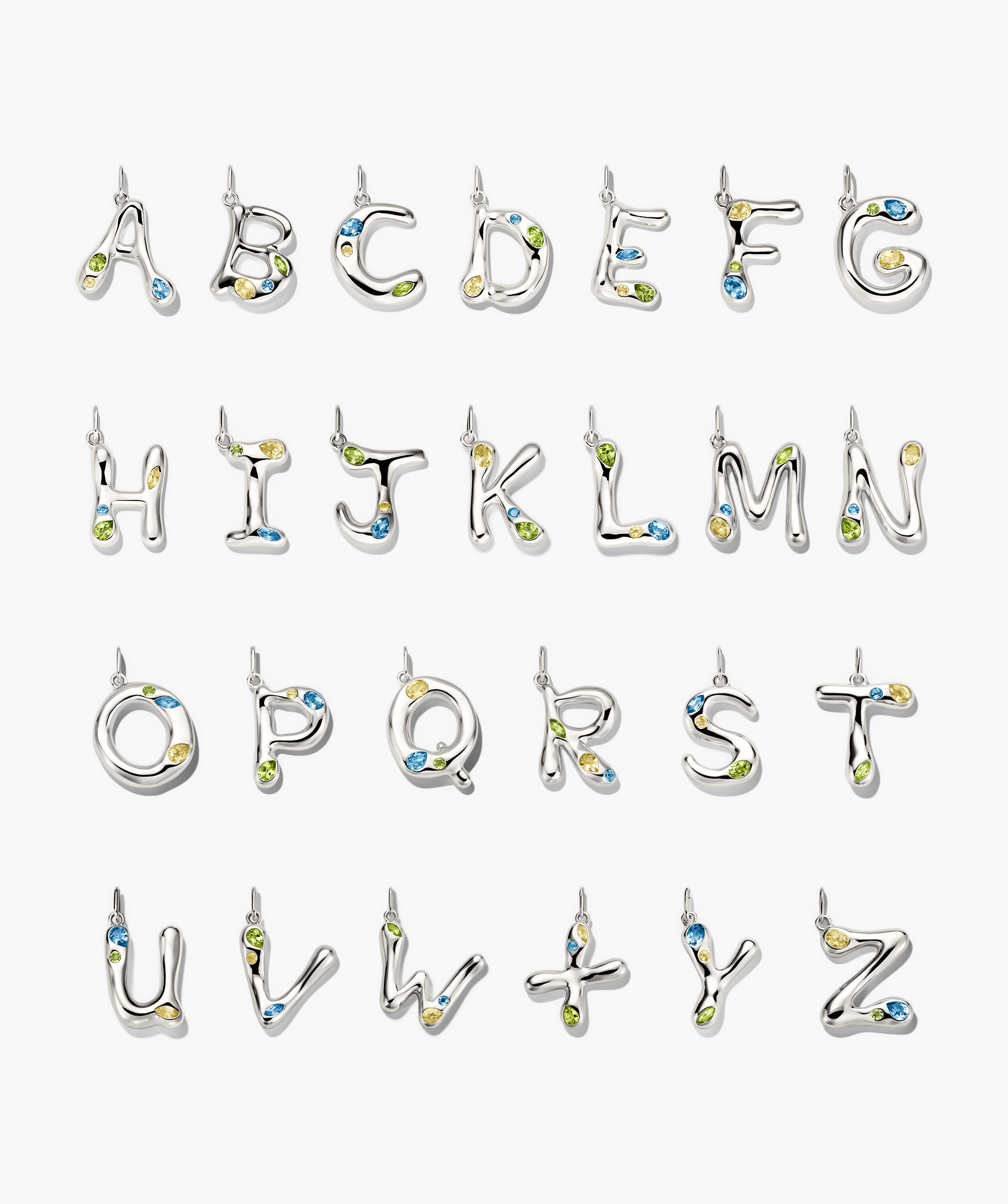 Organic DÃ´me Liquid Letter Pendant in silver, featuring a unique design with colorful gemstones, showcasing an initial for personalization.