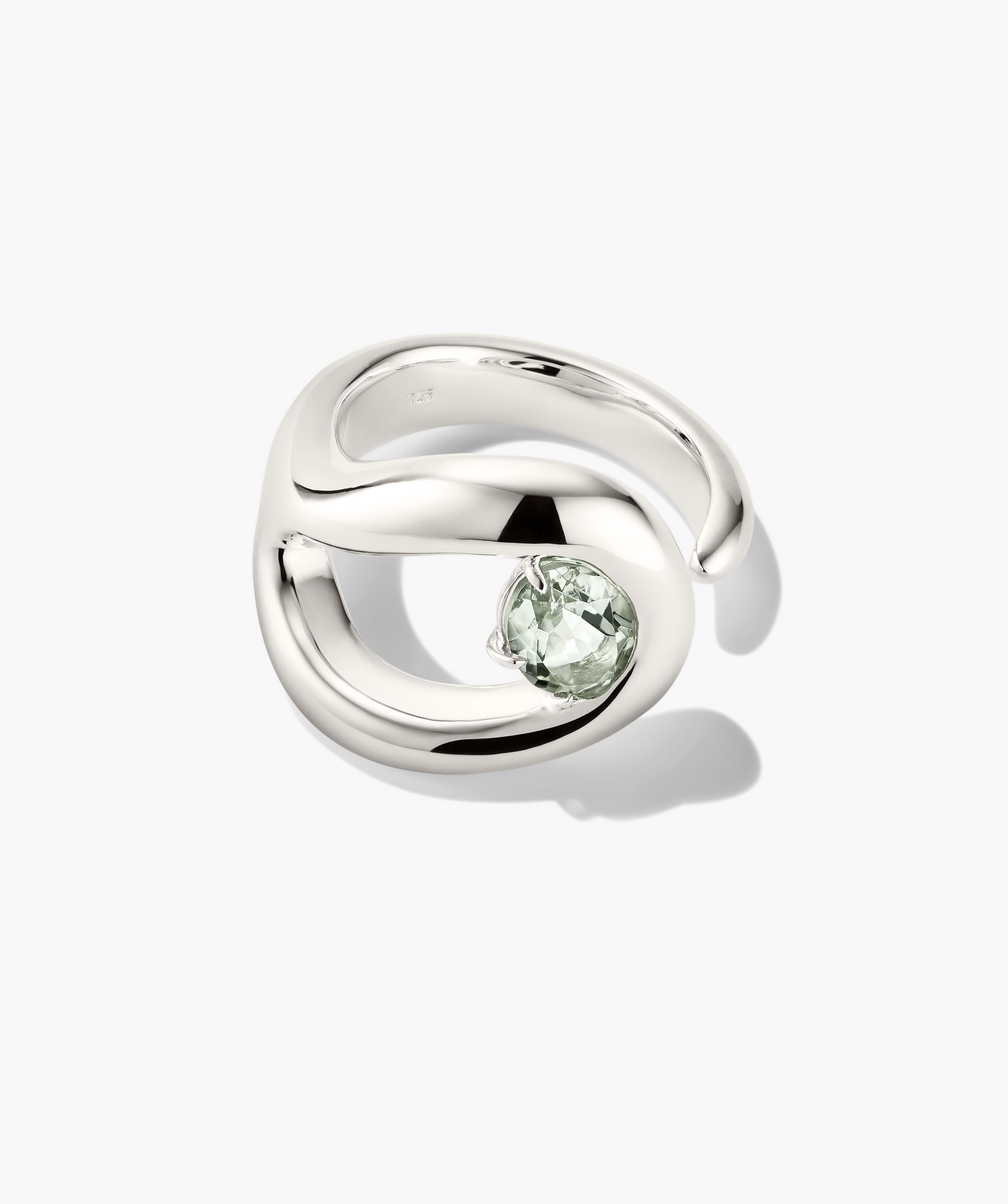 Organic DÃ´me Curve Gemstone Ring, featuring a silver band with a prominent green stone, showcasing organic curves and artistic negative space design.