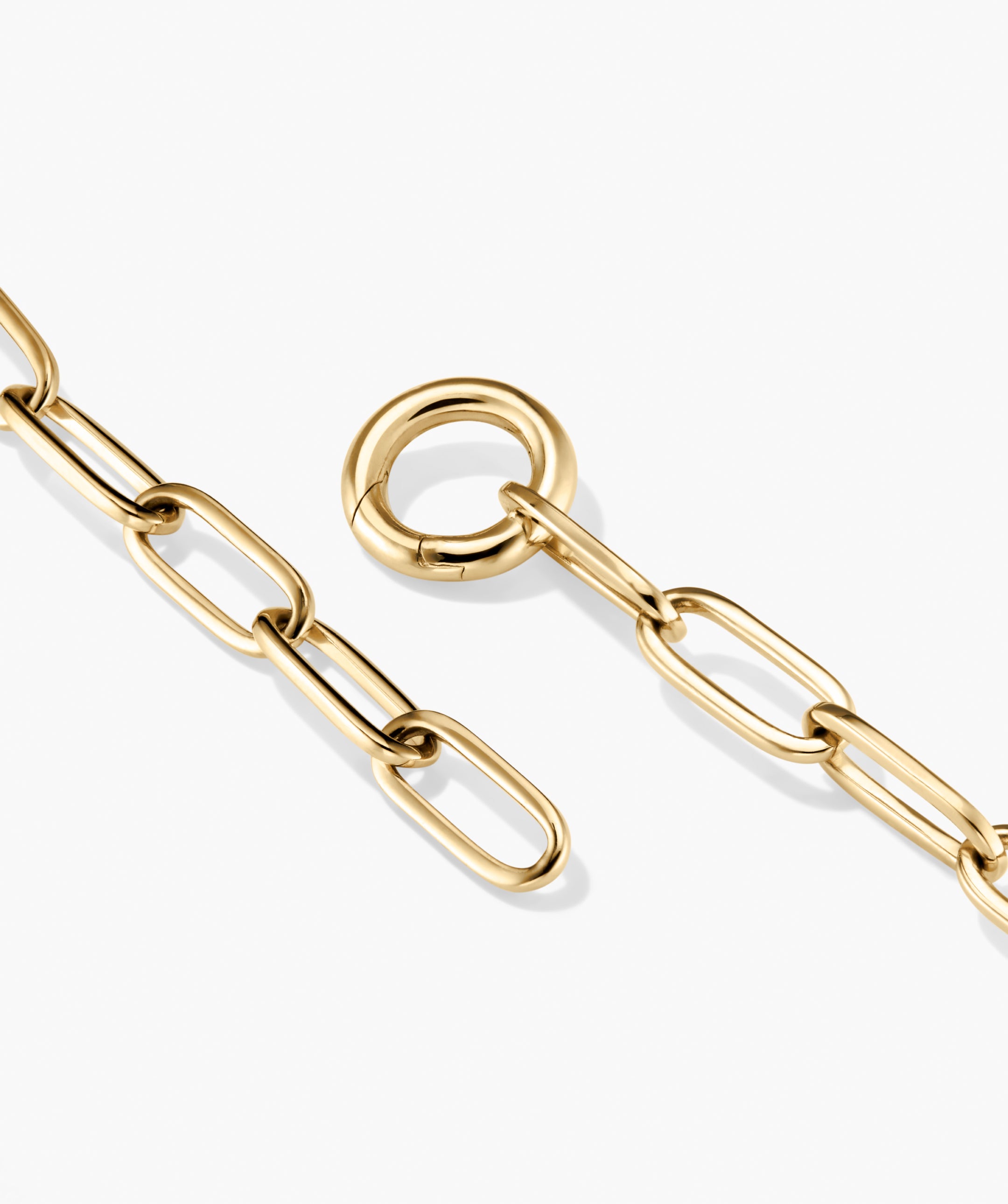 Paperclip Chain Charm Bracelet: Close-up of elongated oval links with a round spring-ring clasp, crafted to elegantly hold multiple charms.