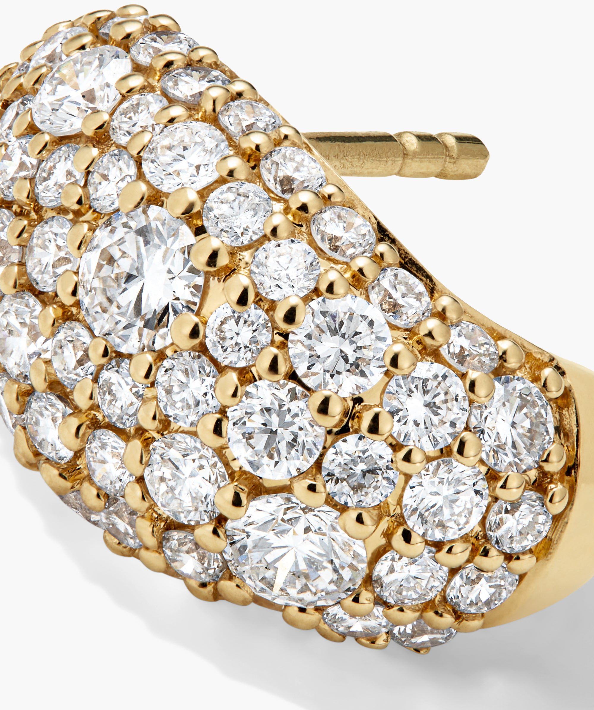 DÃ´me PavÃ© Lab Grown Diamond Huggies, showcasing a close-up of densely set diamonds in a cobblestone pattern for a smooth, unbroken shine.