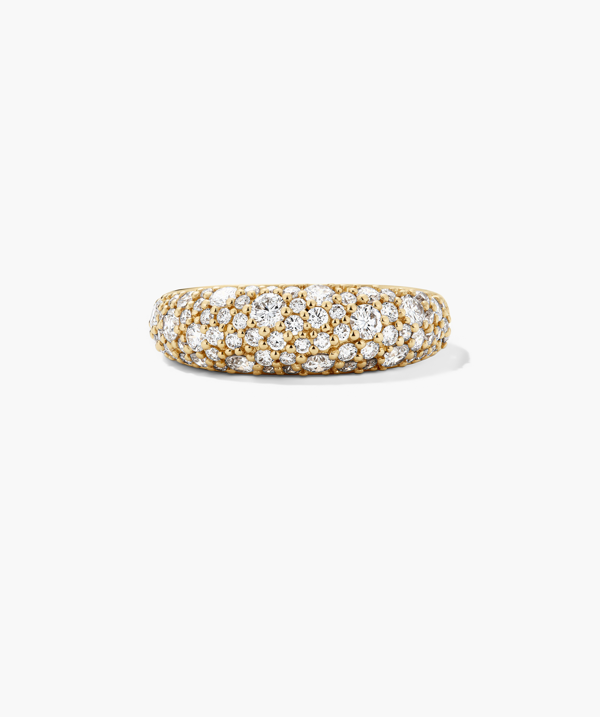 DÃ´me PavÃ© Lab Grown Diamond Ring featuring a dense cobblestone setting of varied-sized diamonds for a smooth, continuous shine, highlighting its standout design.