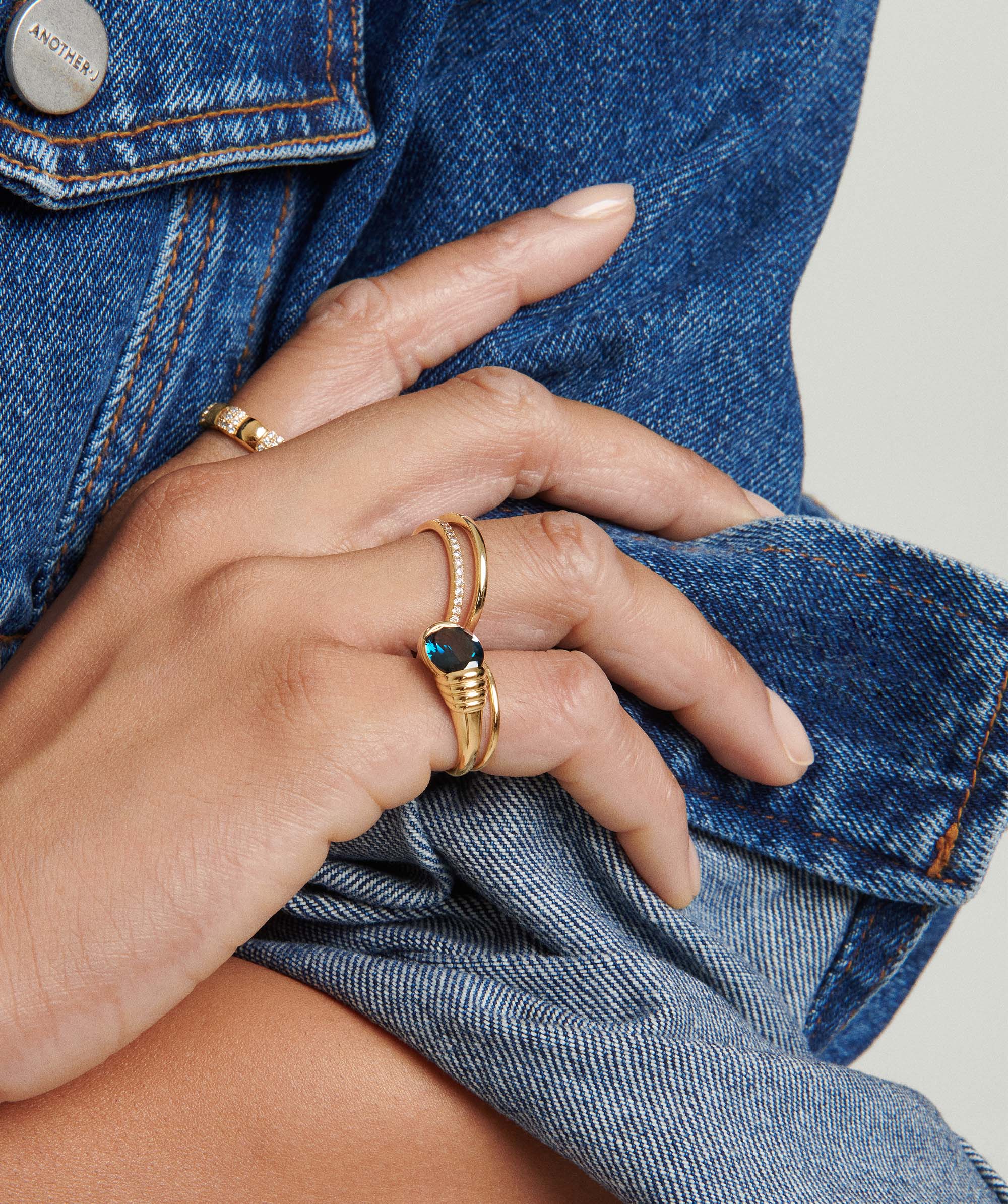 Close-up of a hand wearing the Stacker Ring, showcasing its simple and elegant design as a versatile fashion accessory.