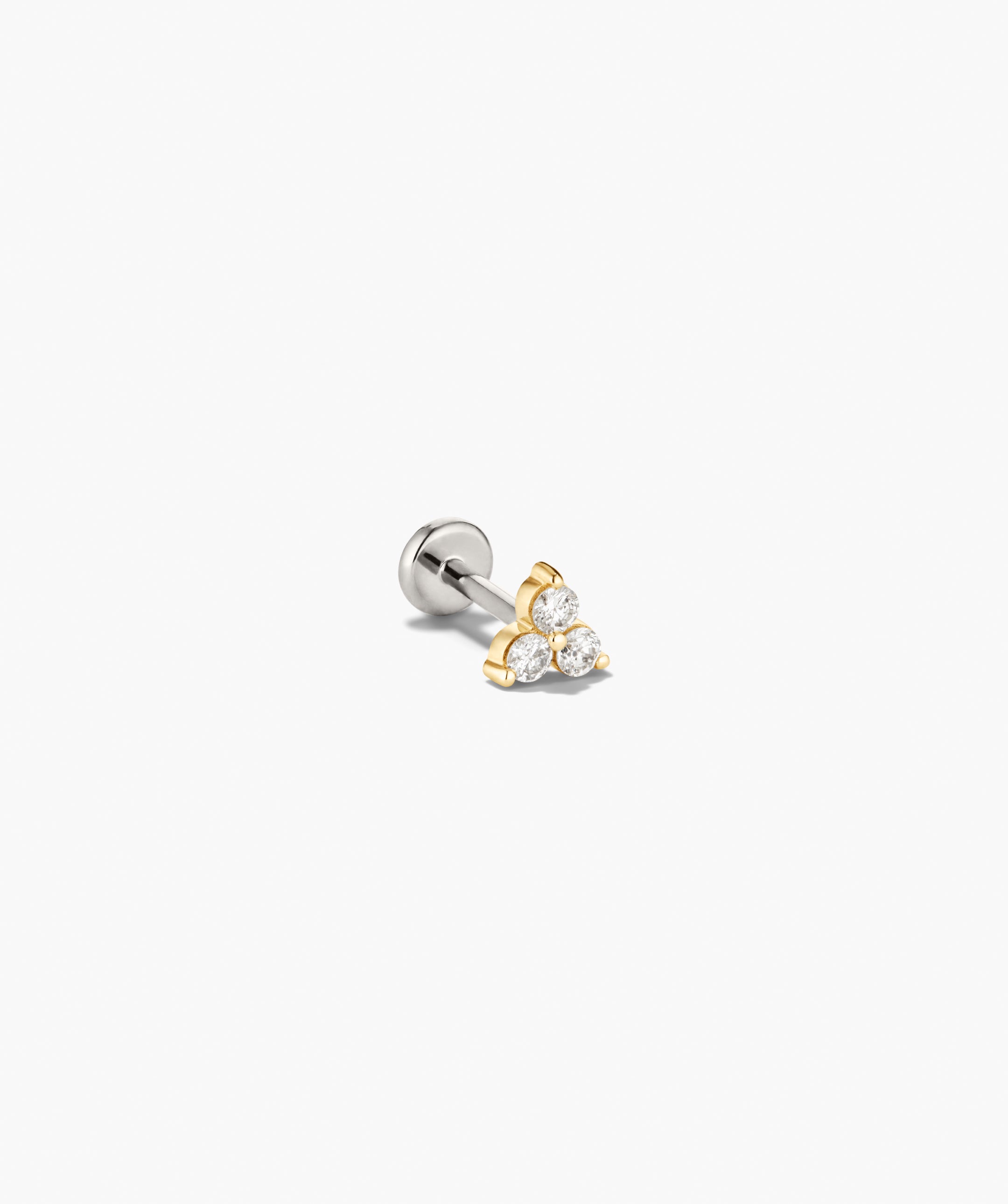 Diamond Lotus Flat Back Stud featuring three round diamonds in a gold triangular mount, attached to a titanium post with a comfortable flat back.