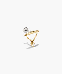 Piercing Studio - Lab Grown Diamond Helix Stud featuring a silvery barbell post, gold tube, delicate gold chain, and a dangling prong-set clear stone.