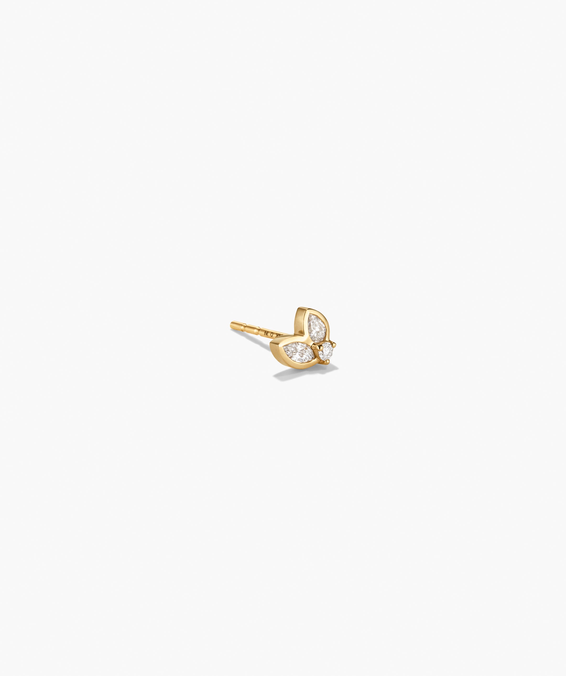Lab Grown Diamond Petal Drops: A gold stud earring featuring three marquise and round-cut diamonds in a trifoliate design, offering a soft yet edgy statement.