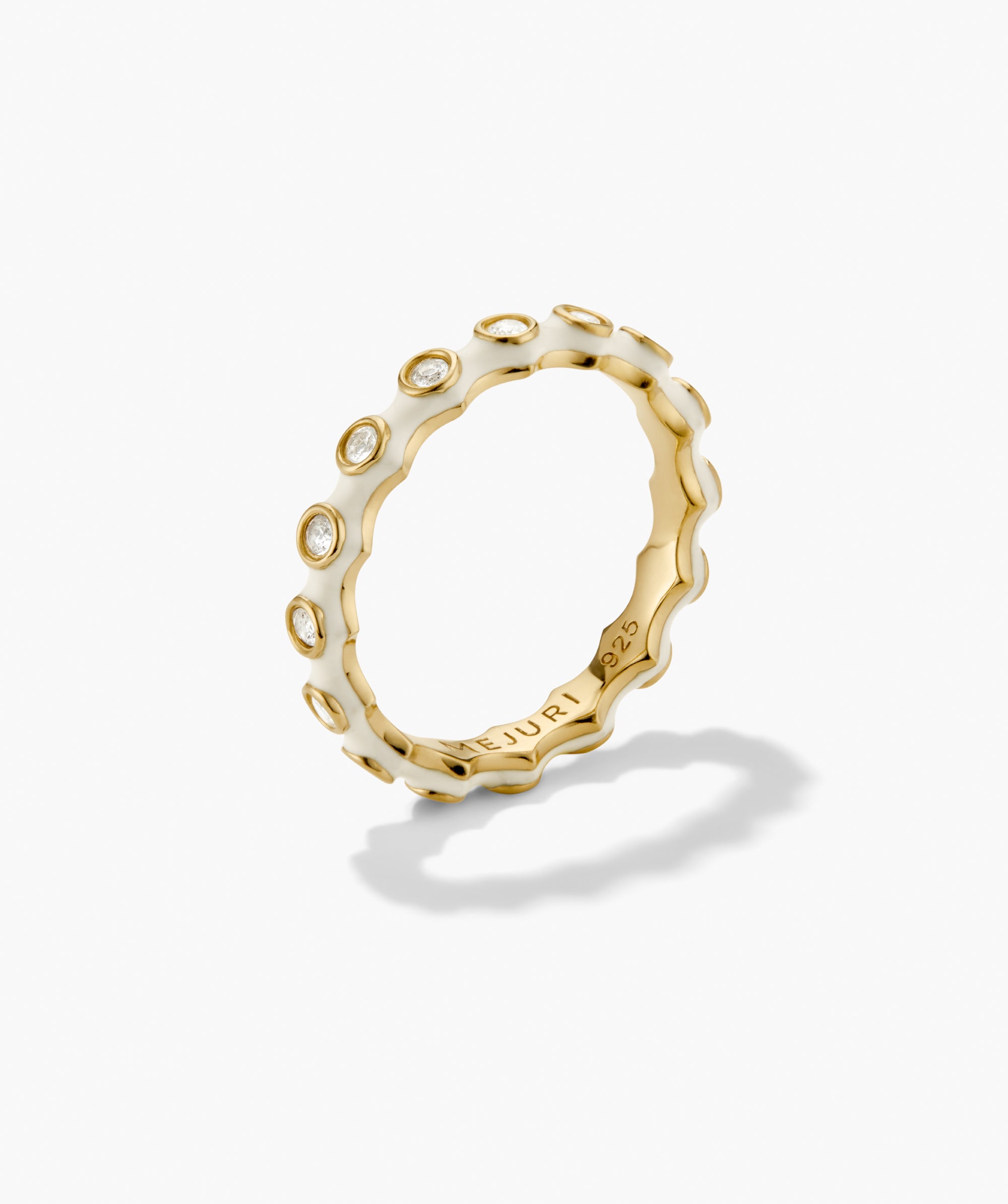 Enamel Charlotte Stacker Ring featuring a scalloped gold vermeil band with white enamel inlay and bezel-set diamonds, perfect for stacking.