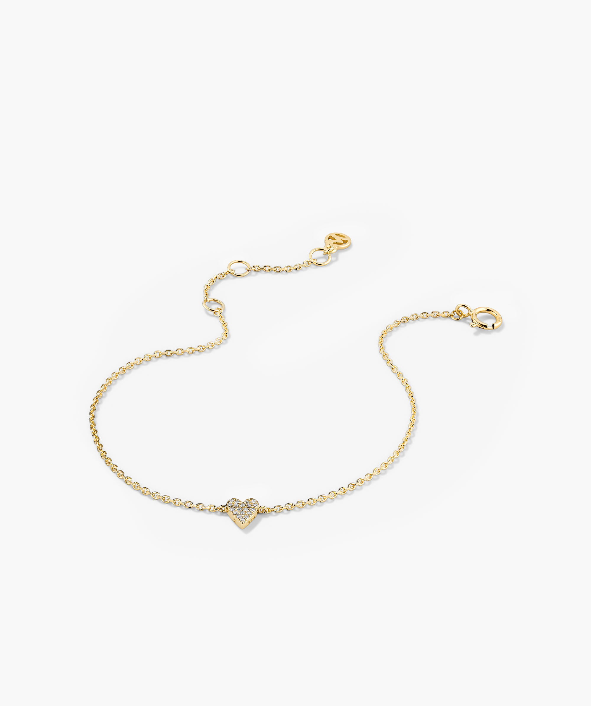 Mini Heart PavÃ© Diamond Bracelet featuring a gold chain with a heart-shaped pendant adorned with pavÃ© diamonds.